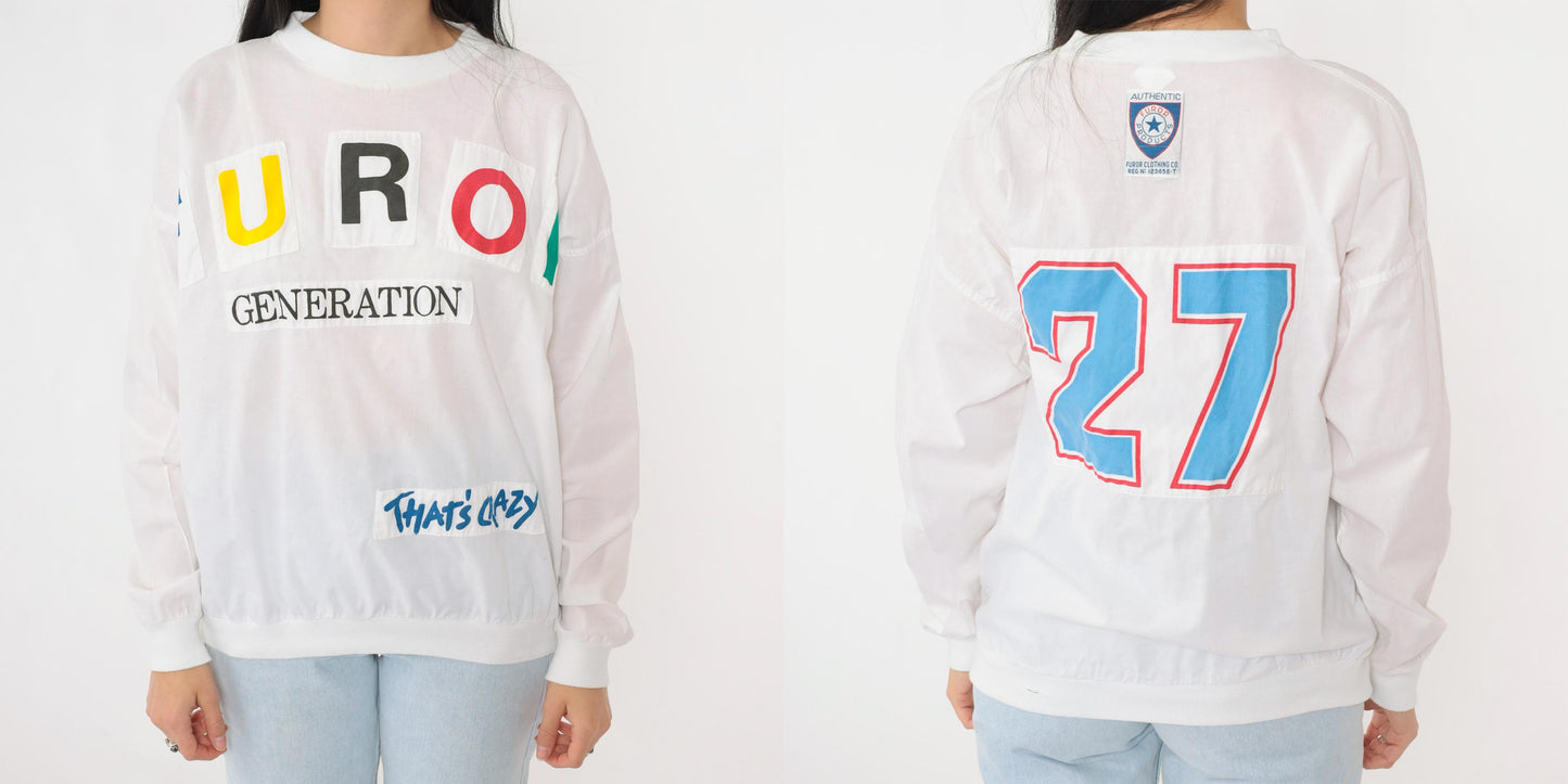 90s Furor Generation Graphic Long Sleeve Shirt White Colorful Appliqué Large L