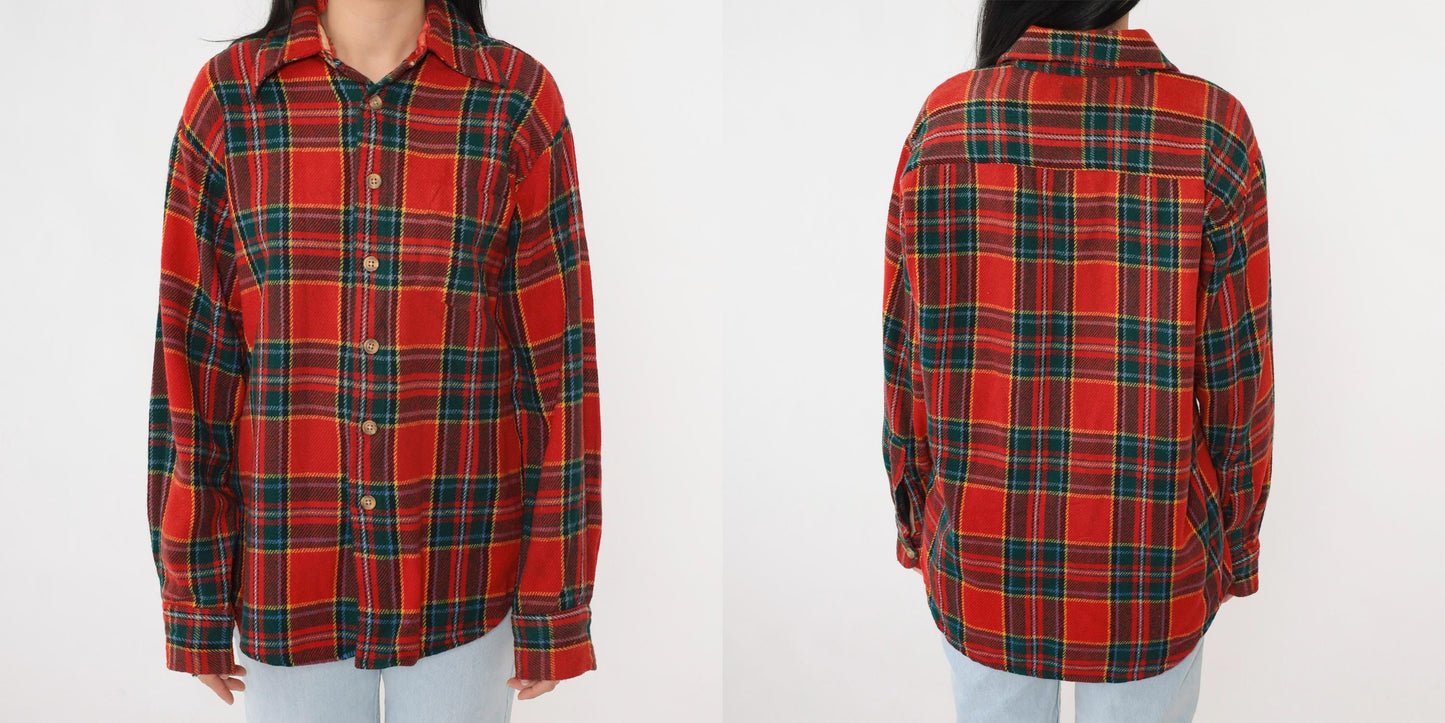 70s Red Plaid Wool Shirt Button Up Long Sleeve Tartan Large