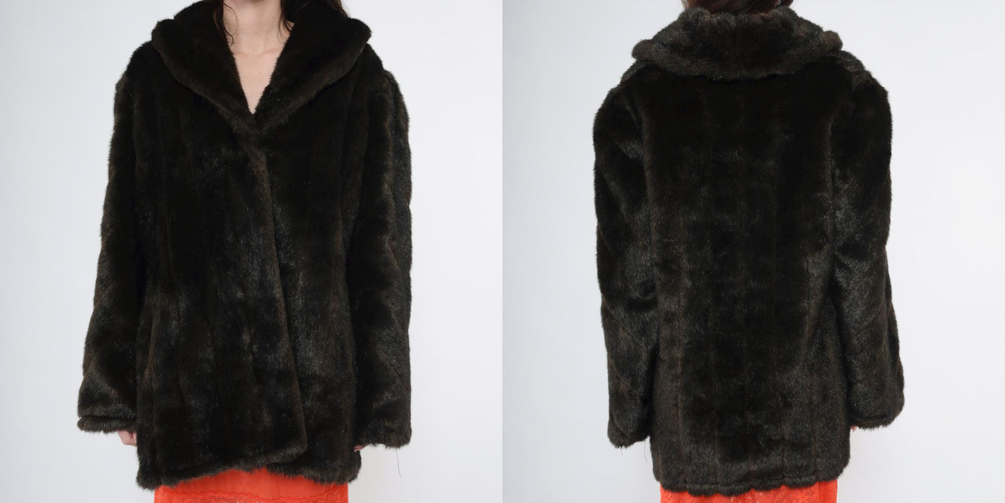 90s Brown Faux Fur Jacket Shawl Collar Short Coat Extra Large XL