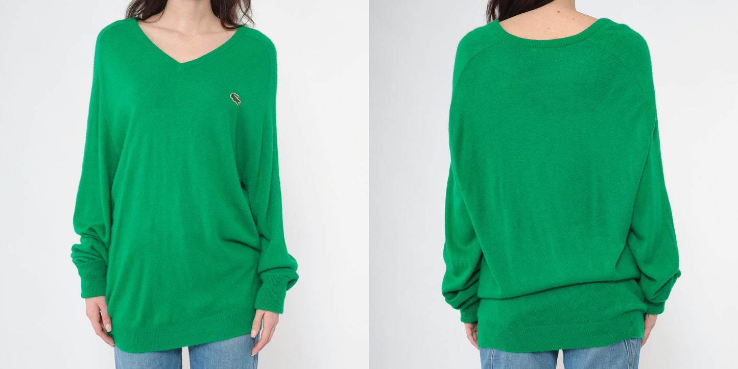 80s Izod Lacoste Green V-Neck Sweater Crocodile Logo Pullover Large L