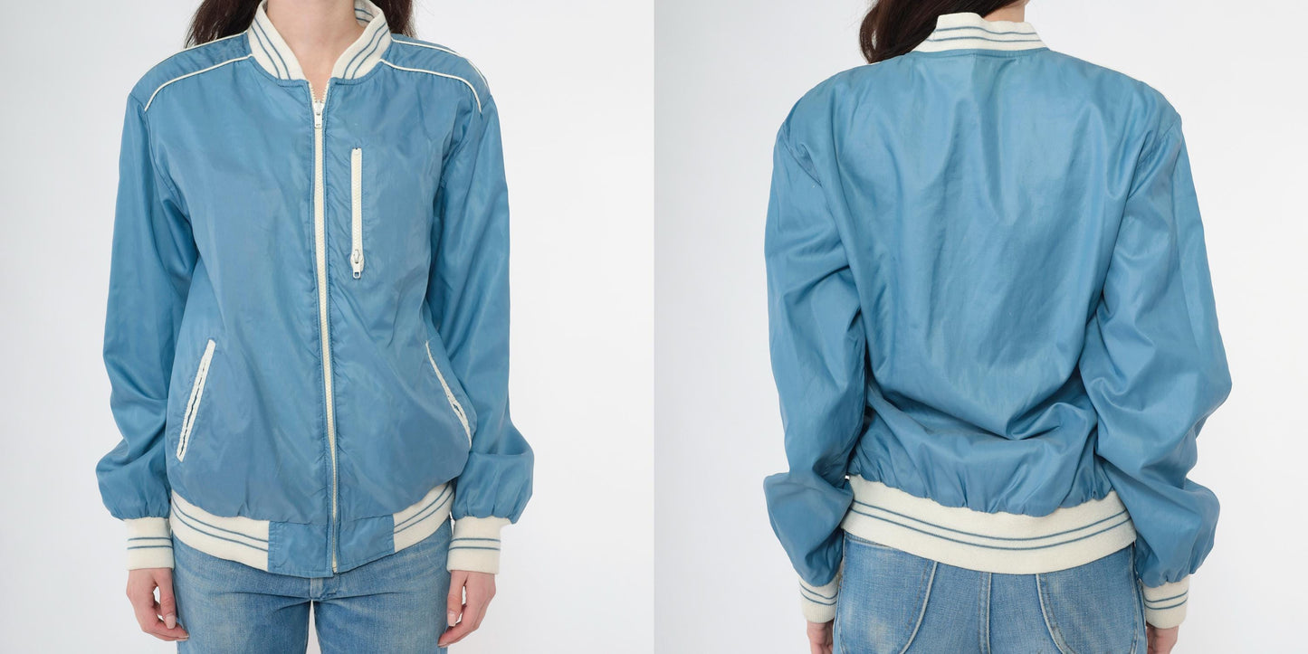 80s Reversible Windbreaker Jacket Blue White Color Block Bomber Medium