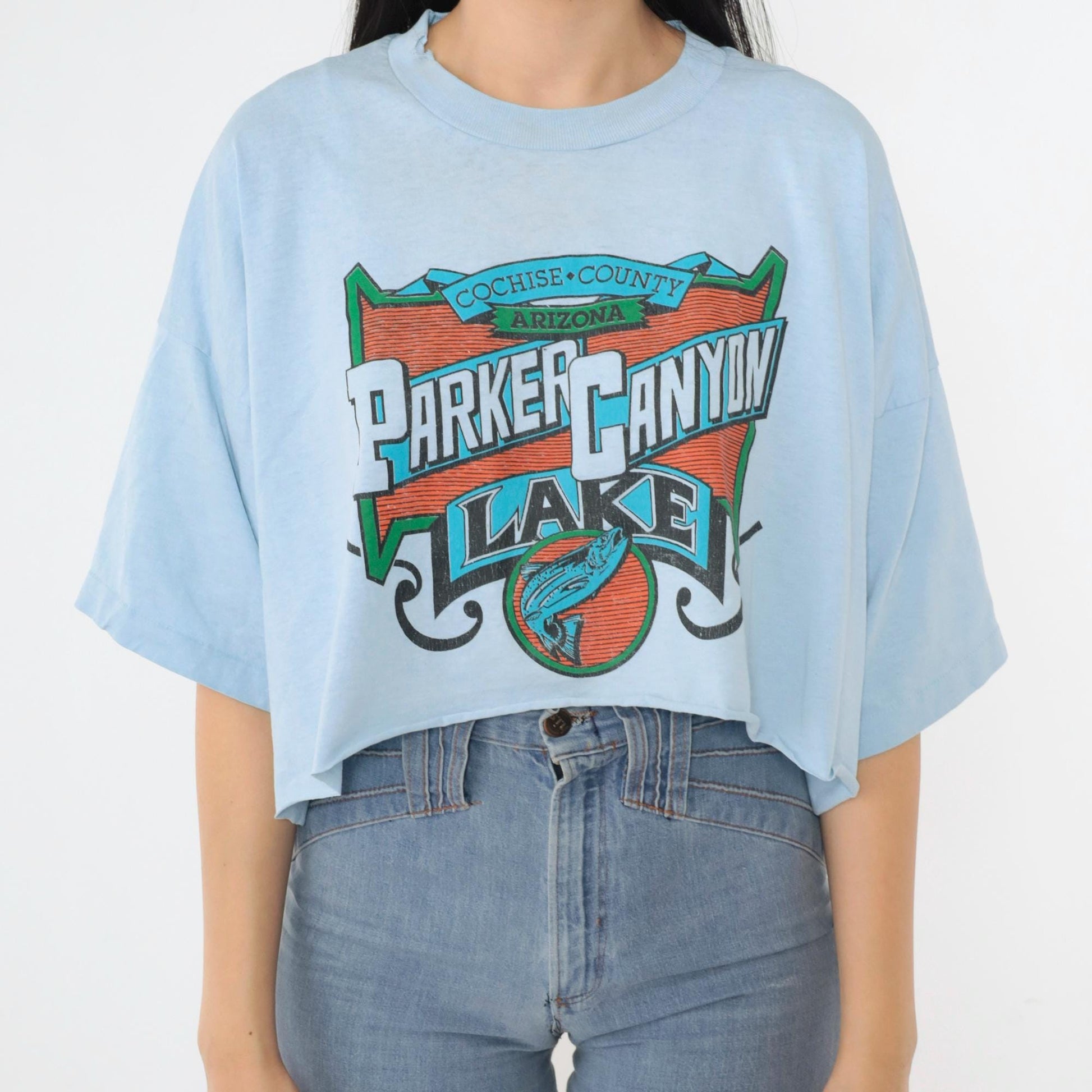 90s Parker Canyon Lake Arizona Fishing Graphic Crop Tee Baby Blue XXL
