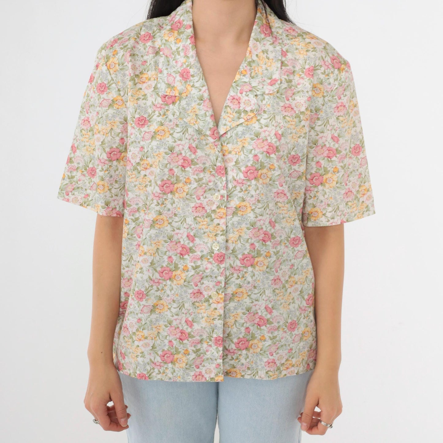 90s Susan Bristol Floral Button-Up Blouse White Pastel Print Short Sleeve Medium
