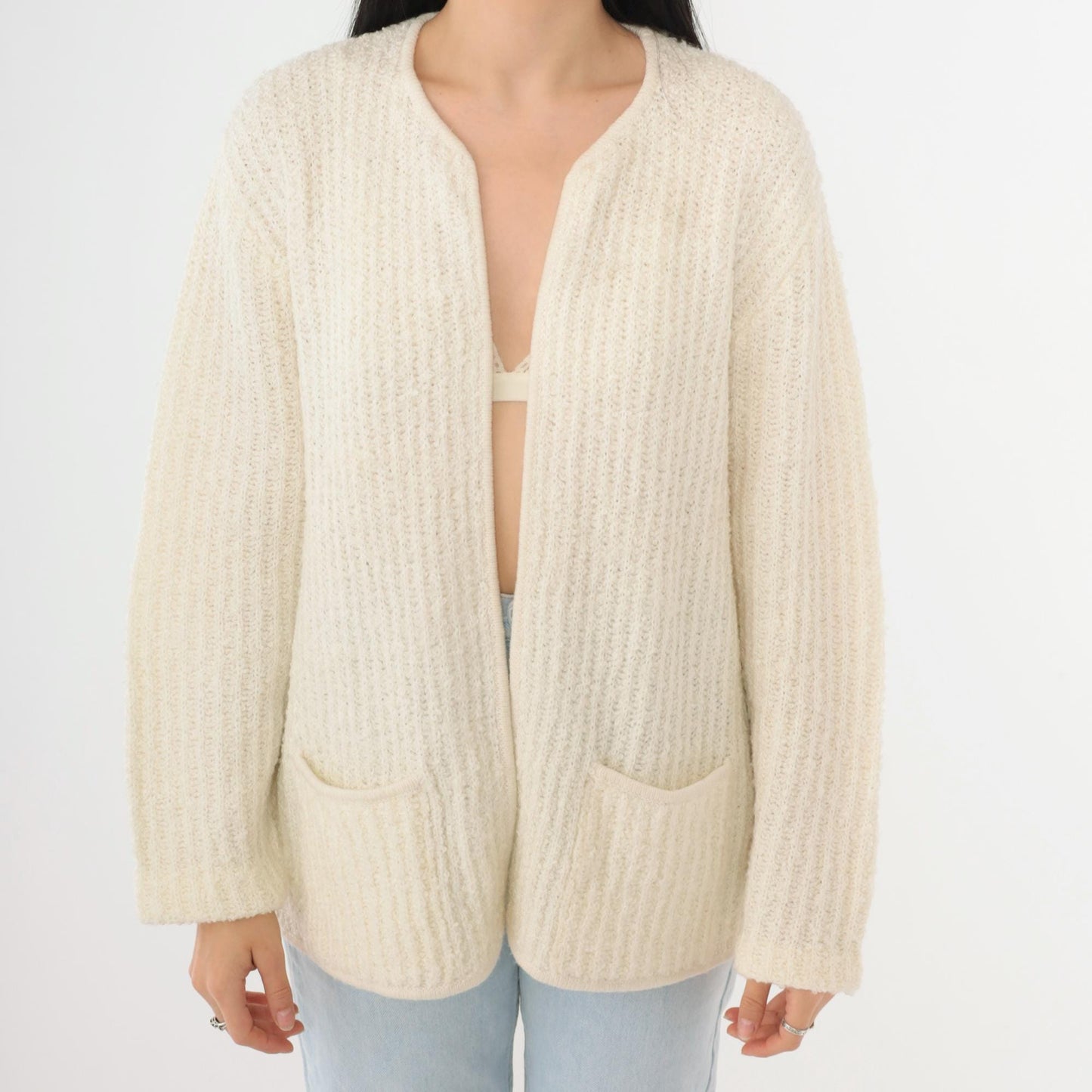 80s Sideffects Ivory Cardigan Ribbed Knit Open Front Pockets Large L