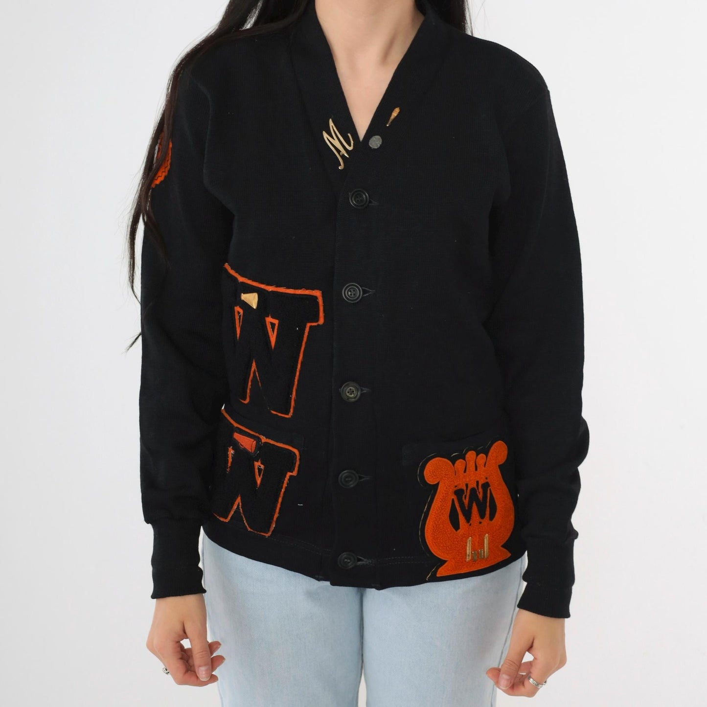1950s Wilson Black Wool Varsity Cardigan Orange Chenille Patches Small