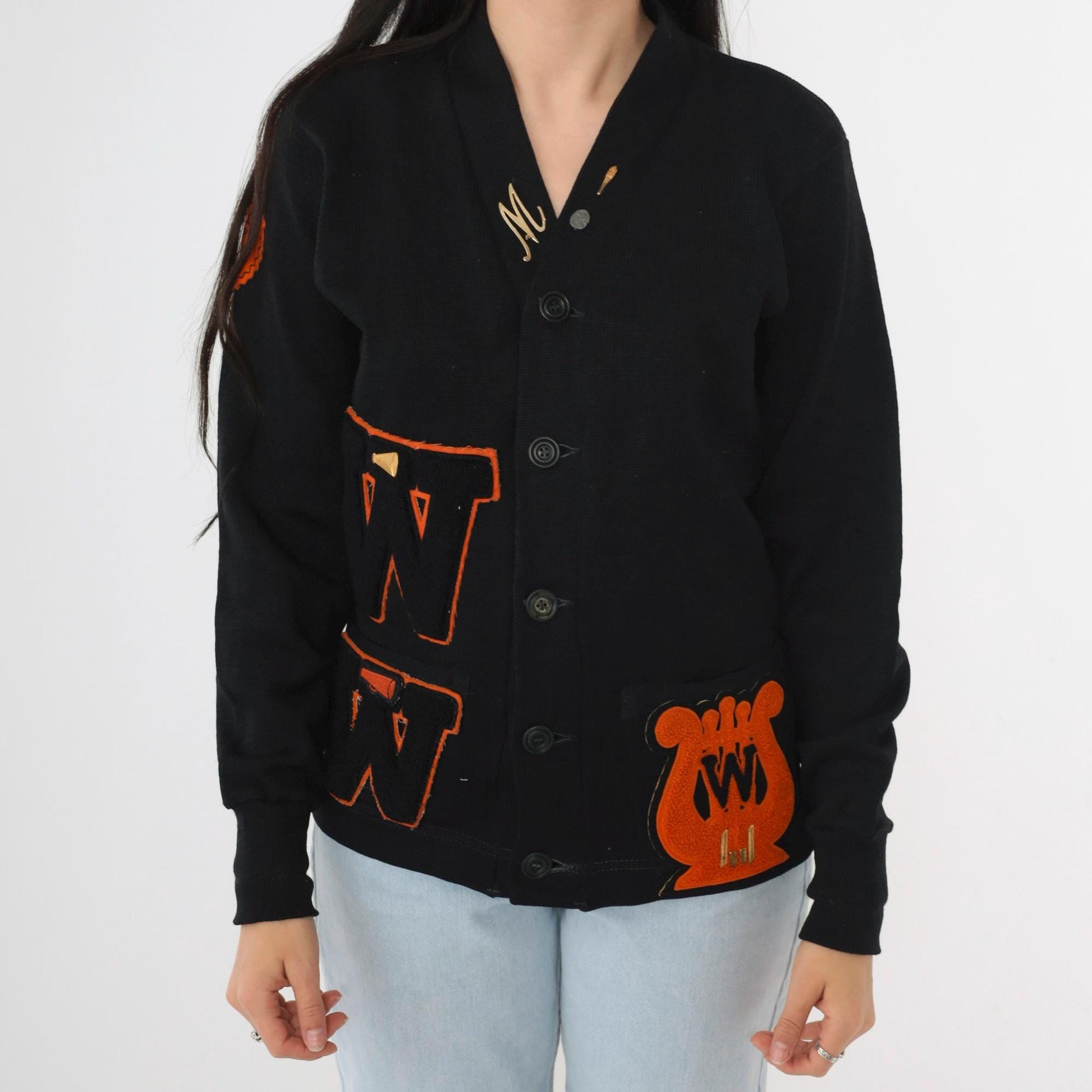 1950s Wilson Black Wool Varsity Cardigan Orange Chenille Patches Small