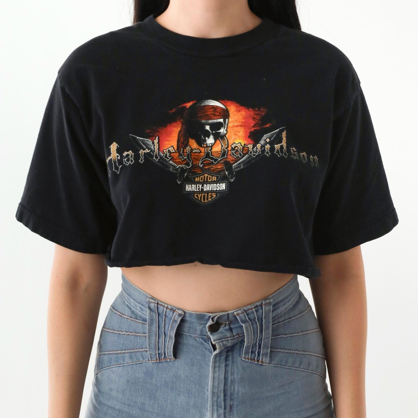 00s Harley Davidson Pirate Skull Crop Top Black Cotton Tee Medium M