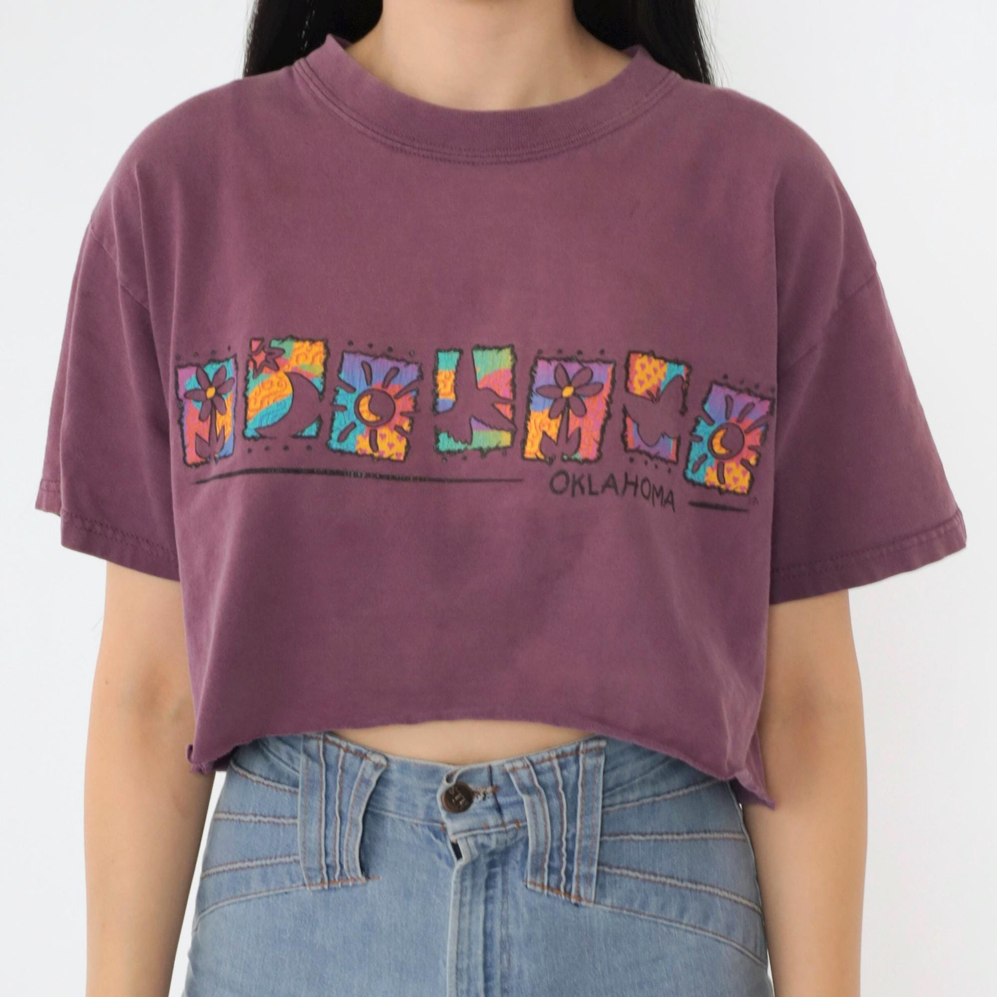 90s Oklahoma Floral Crop Top Burgundy Graphic T-Shirt Medium