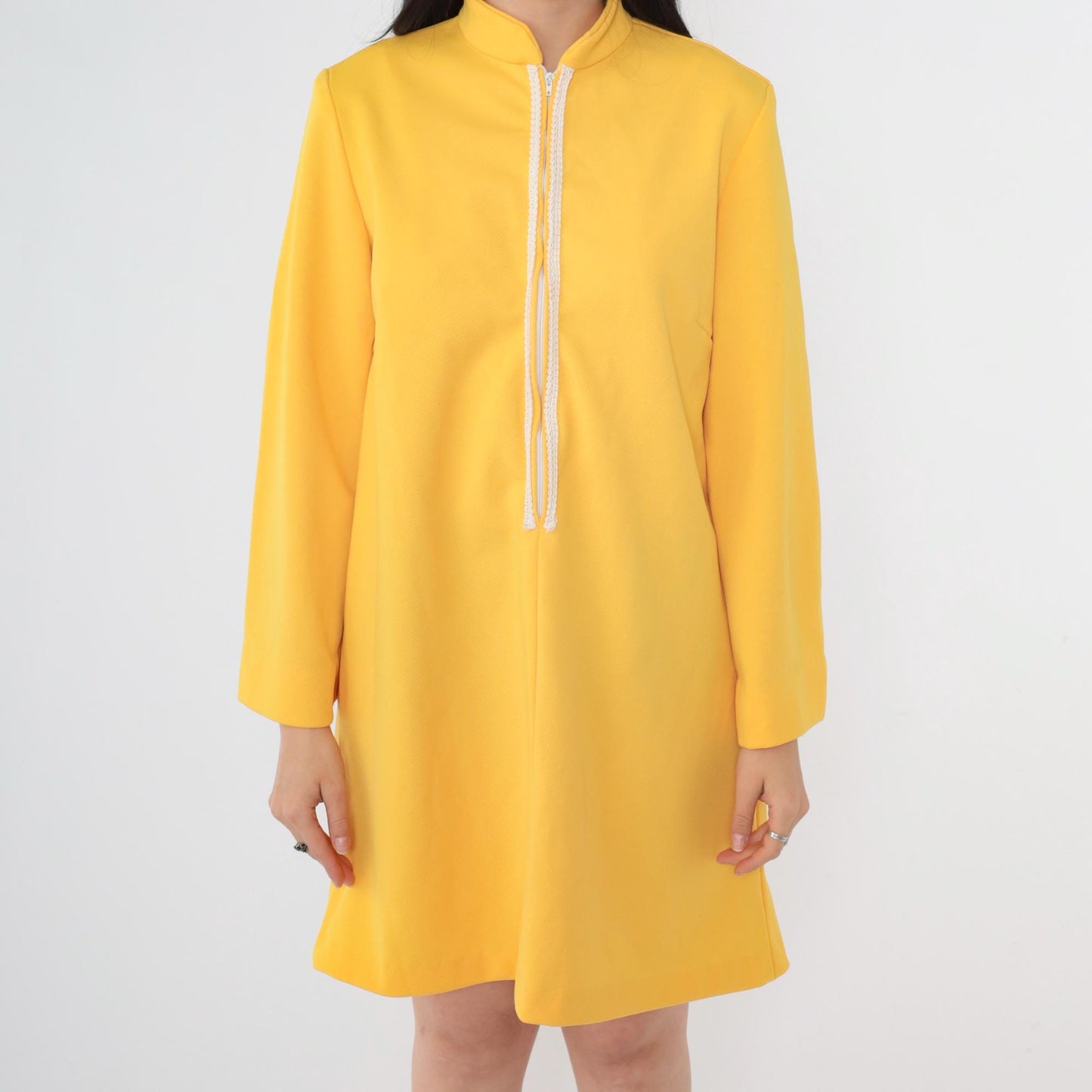 70s Yellow Mod Shift Dress Front Zip Wide Sleeve Mandarin Collar Mini Small