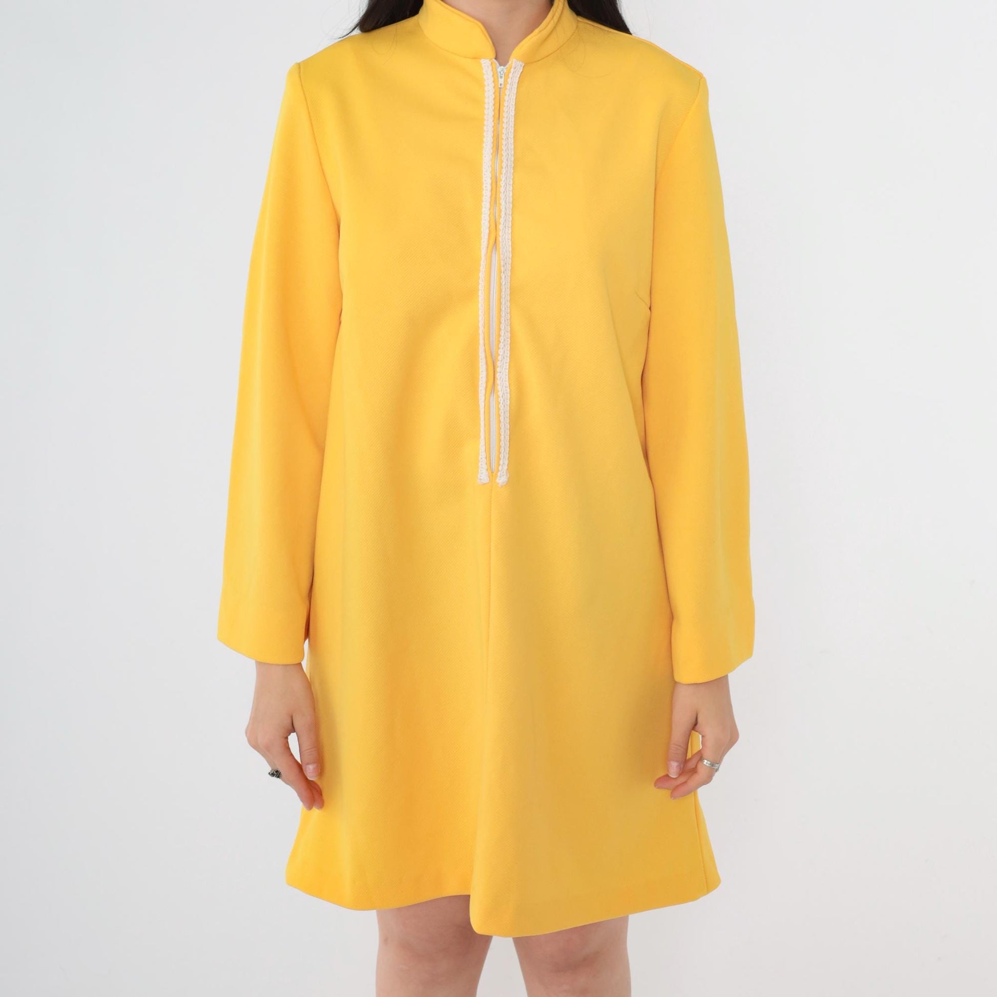 70s Yellow Mod Shift Dress Front Zip Wide Sleeve Mandarin Collar Mini Small