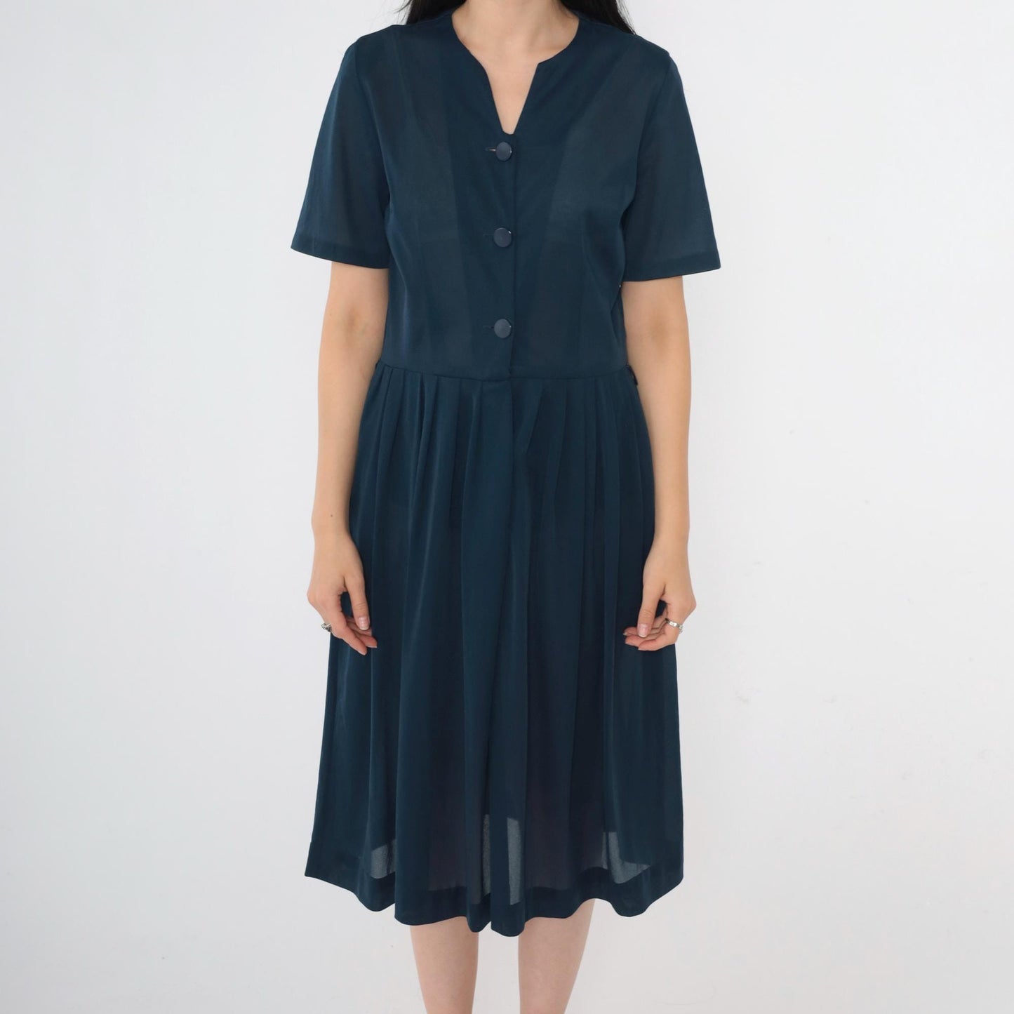 60s Navy Shirtdress Pleated Midi Button-Up High Waist Small