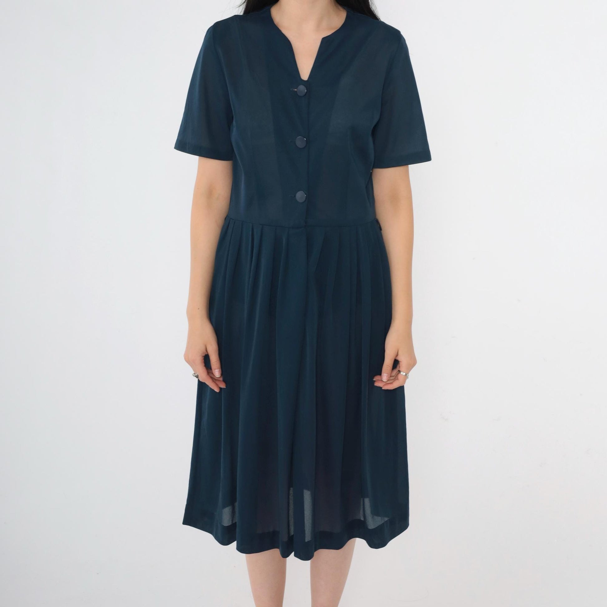 60s Navy Shirtdress Pleated Midi Button-Up High Waist Small
