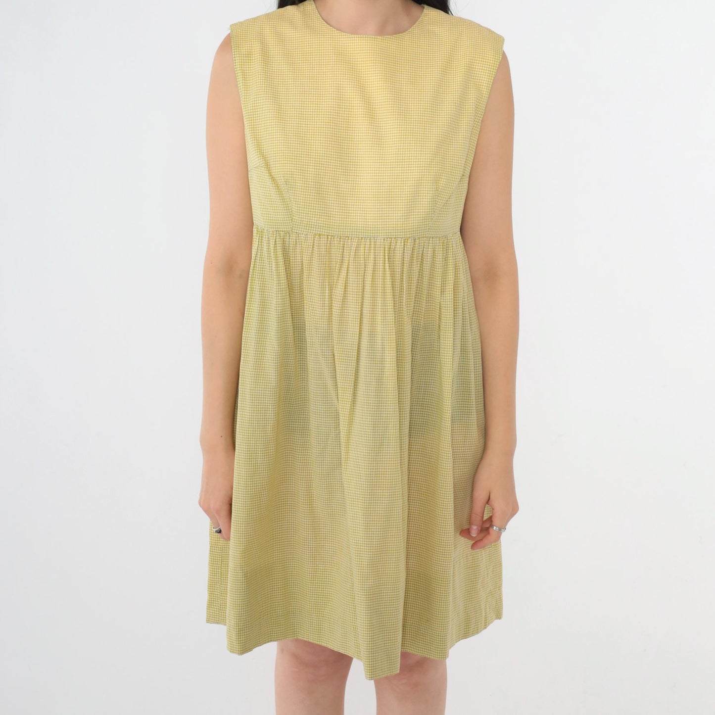 1960s Yellow Gingham Empire Waist Mini Dress Sleeveless Small Medium