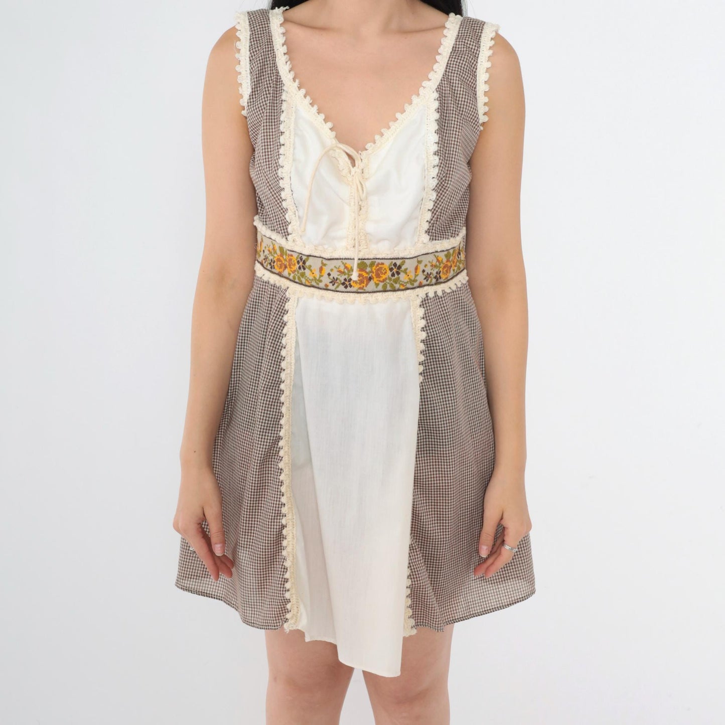 70s Brown Gingham Mini Dress White Panel Crochet Lace Empire Waist Small