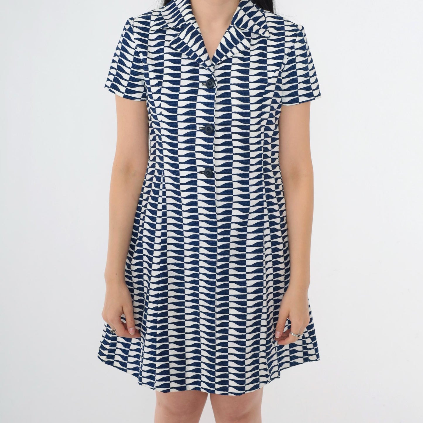 60s Mod Mini Dress Op Art Print A-Line Button Up Navy White Small