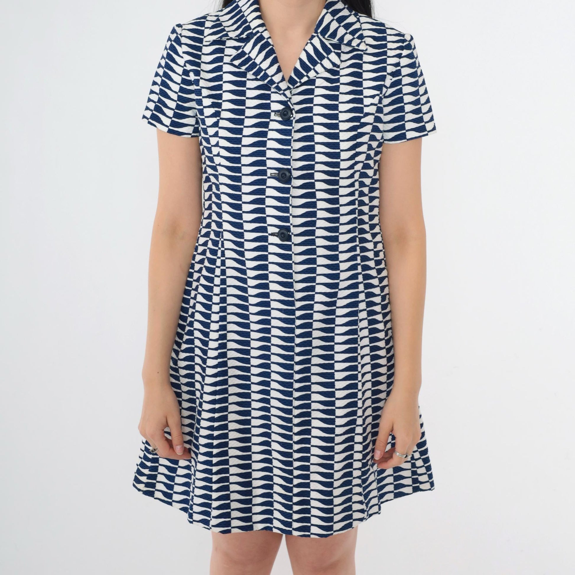60s Mod Mini Dress Op Art Print A-Line Button Up Navy White Small