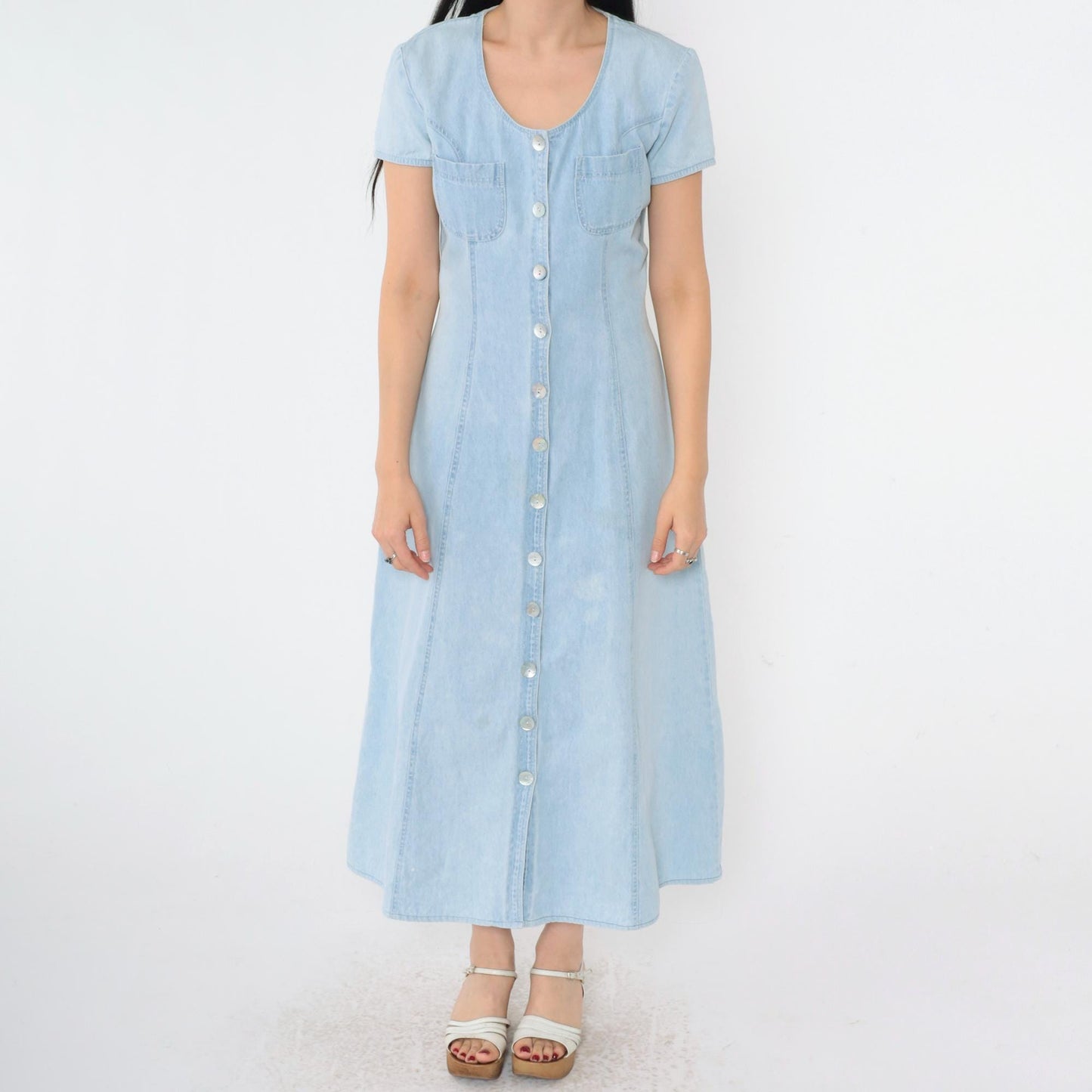90s Blue Denim Shirtdress Ankle Length Button Up Short Sleeve Small S