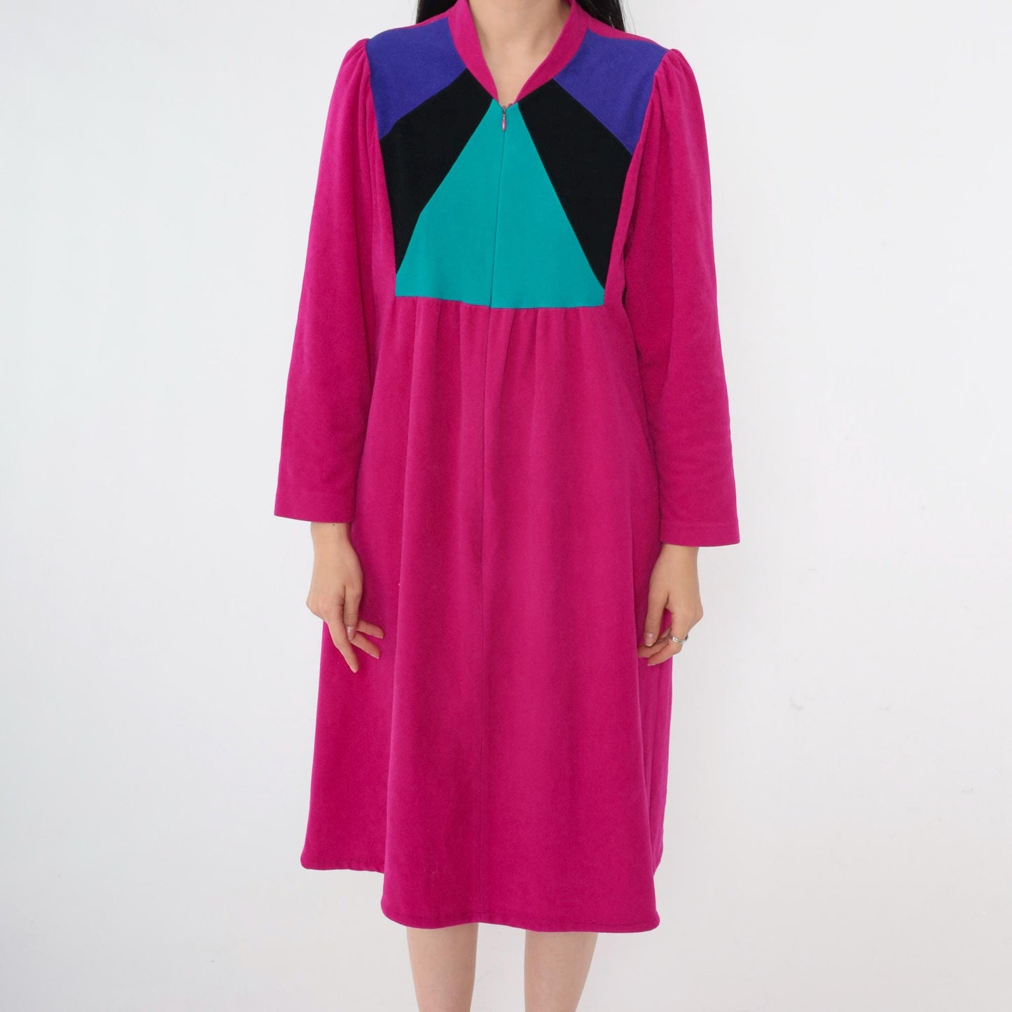 80s Vassarette Velour Lounge Dress Fuchsia Color Block Midi Zip Front Medium M