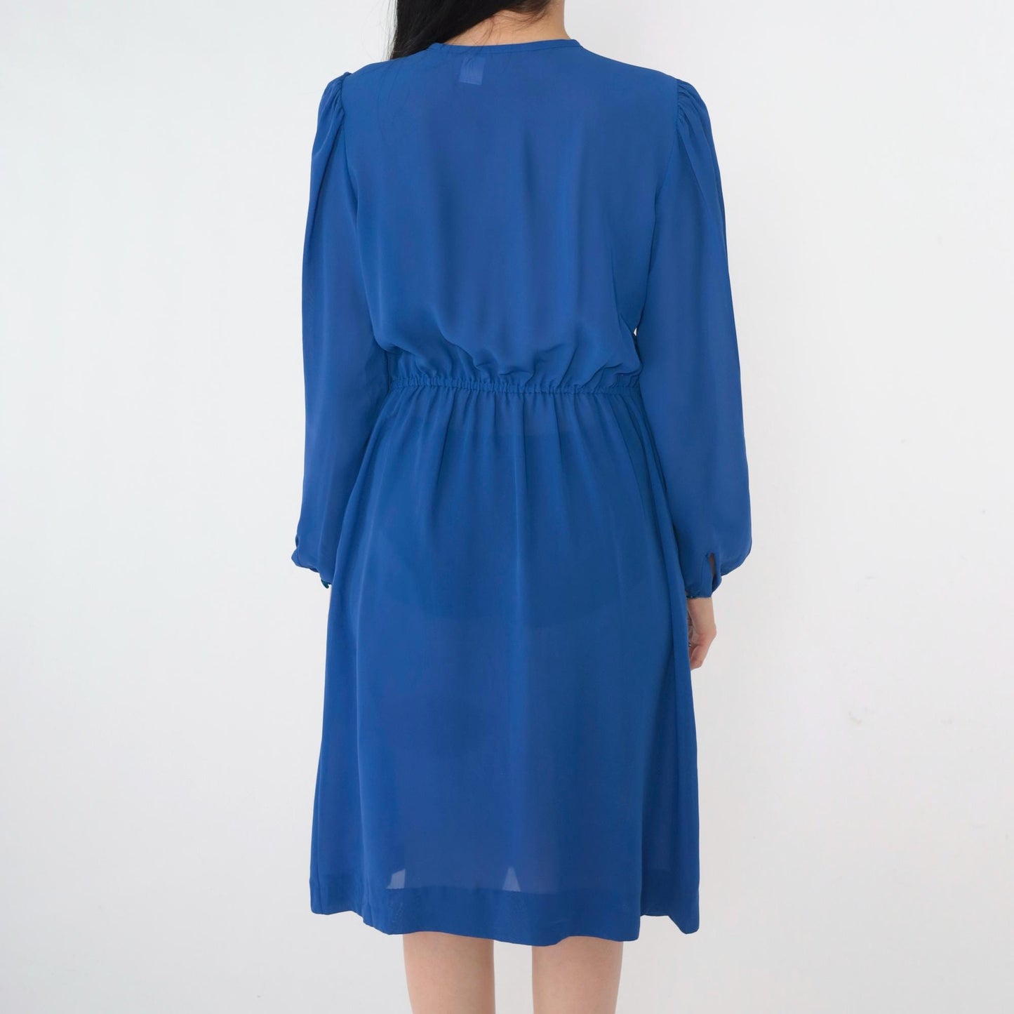 80s Sheer Blue Shirtwaist Midi Dress Puff Sleeve High Waist Small Medium