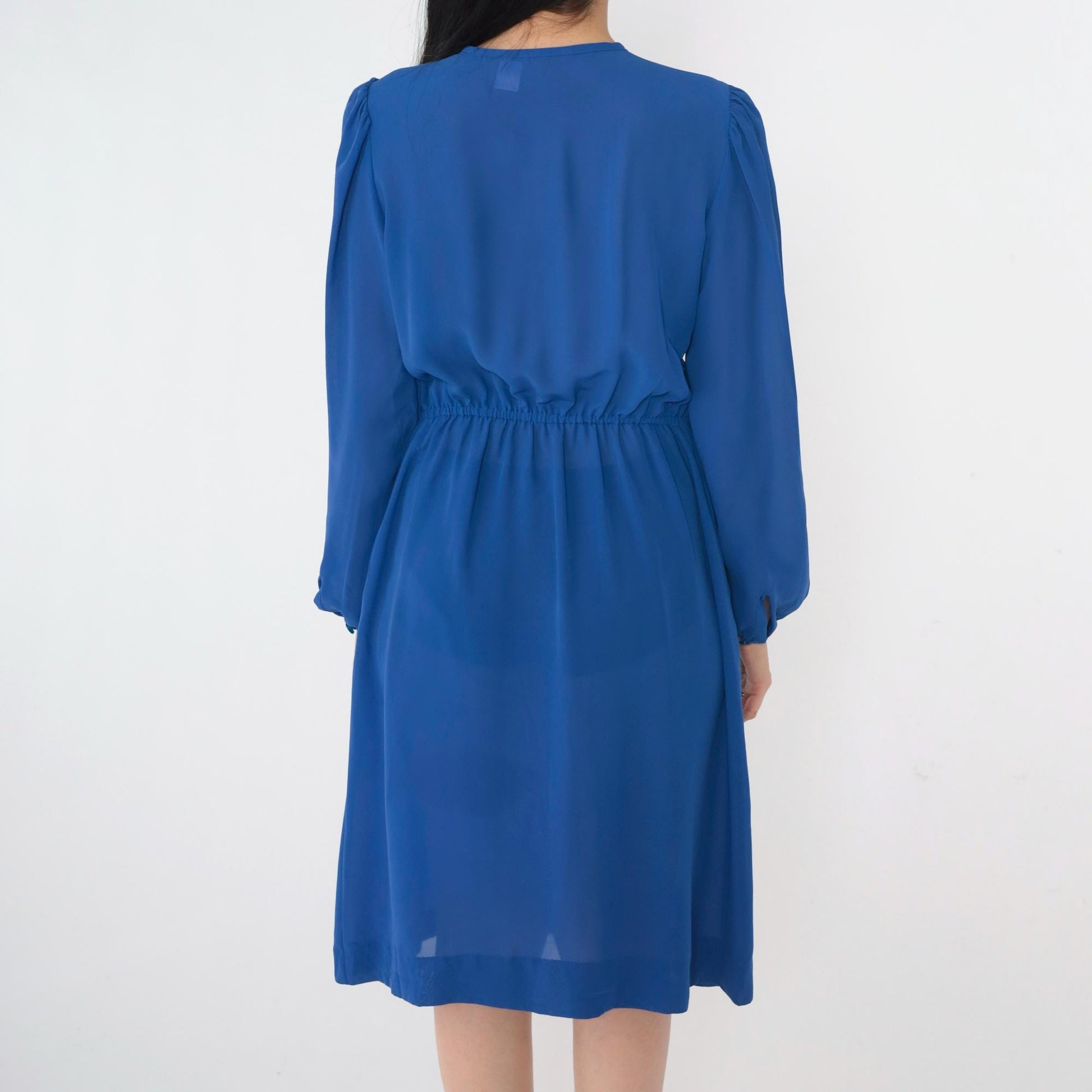 80s Sheer Blue Shirtwaist Midi Dress Puff Sleeve High Waist Small Medium