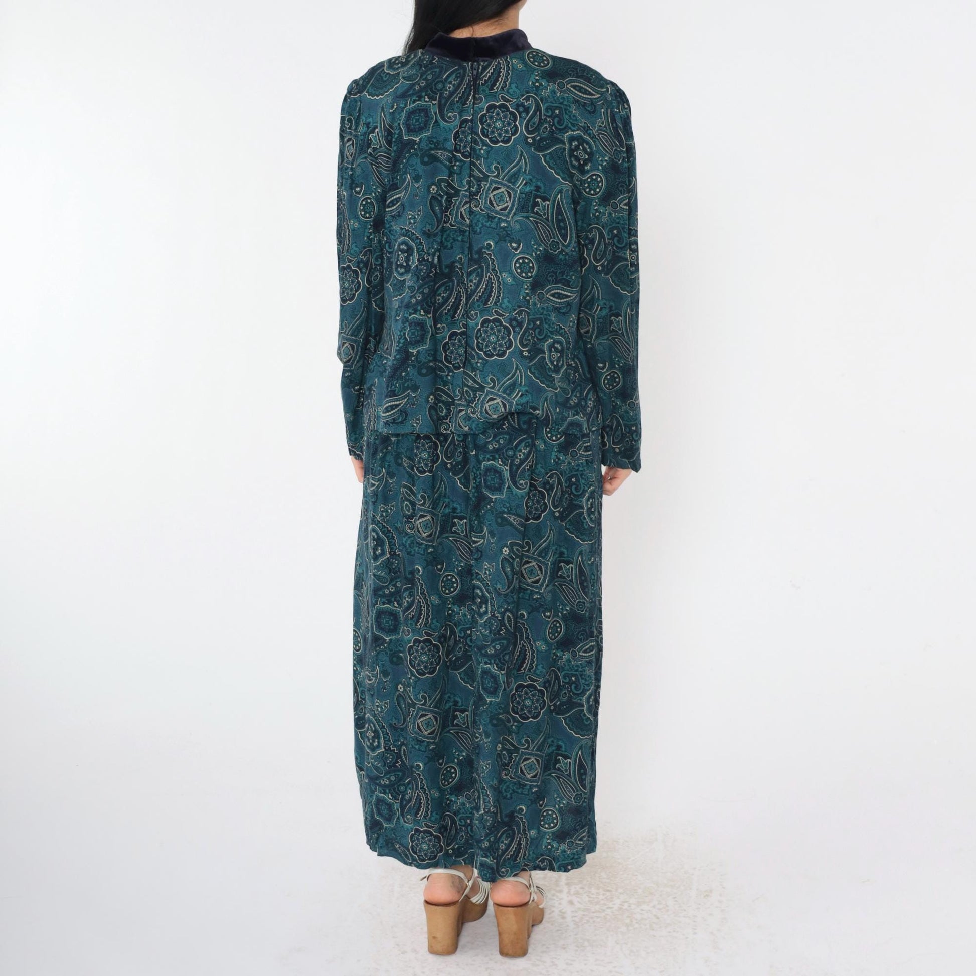 90s Blue Paisley Mandarin Collar Maxi Dress Puff Sleeve Frog Closure Medium Large