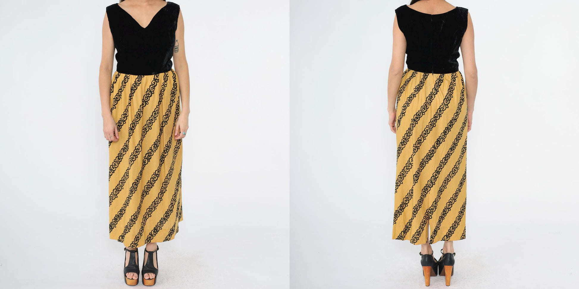 70s Black Velvet Gold Maxi Dress V Neck Sleeveless Diagonal Scroll Print Medium