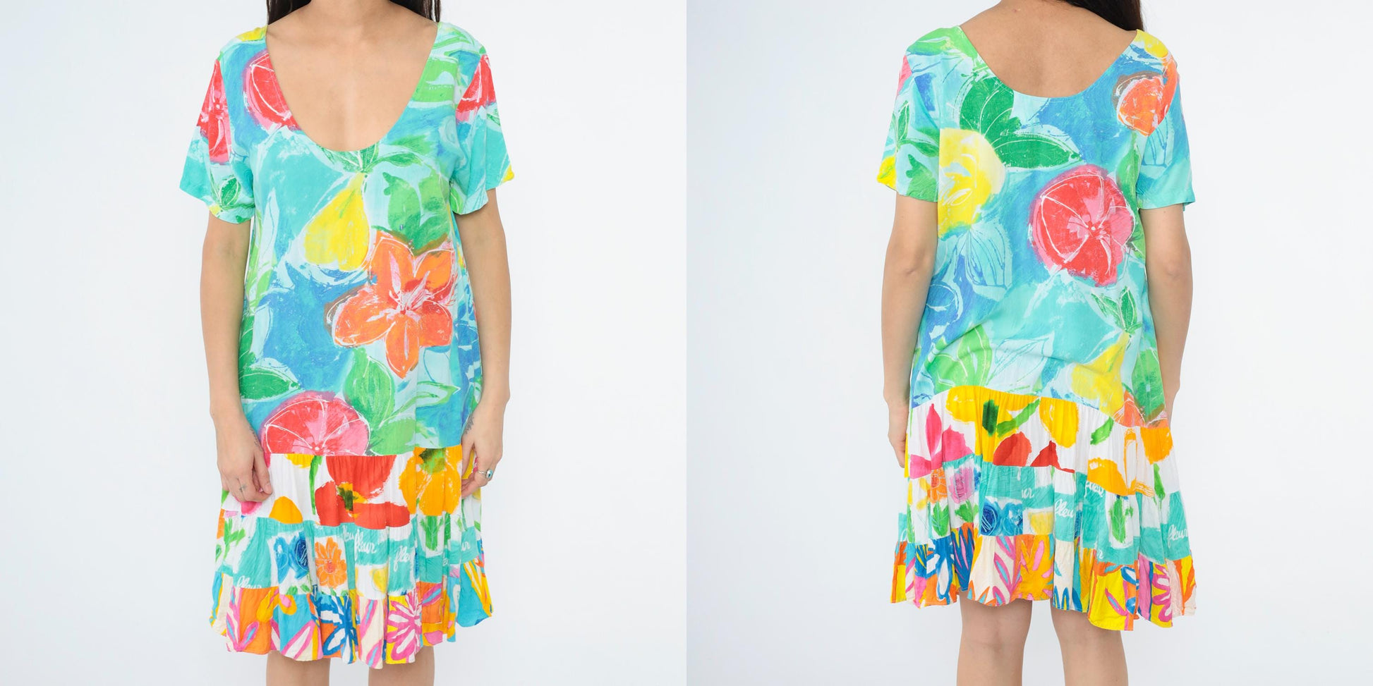 Jams World Tropical Watercolor Floral Dress Scoop Neck Tiered Skirt Extra Large