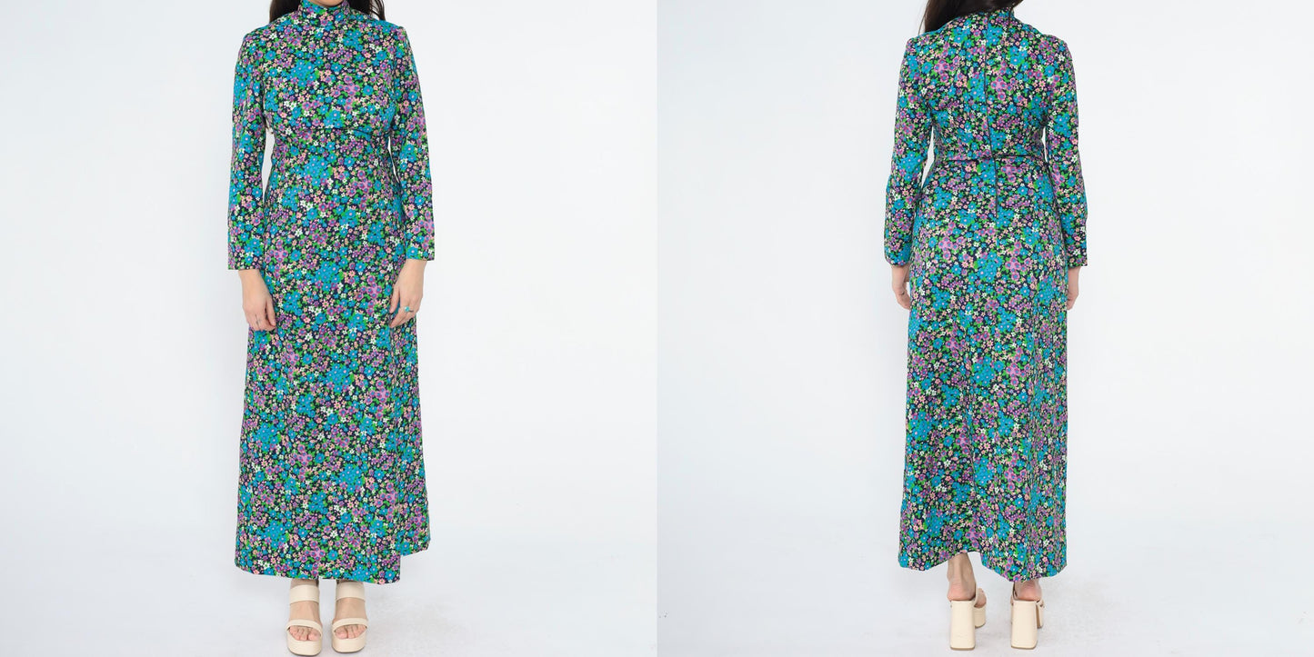 70s Blue Floral Maxi Dress Mock Neck Long Sleeve Princess Seams Small S