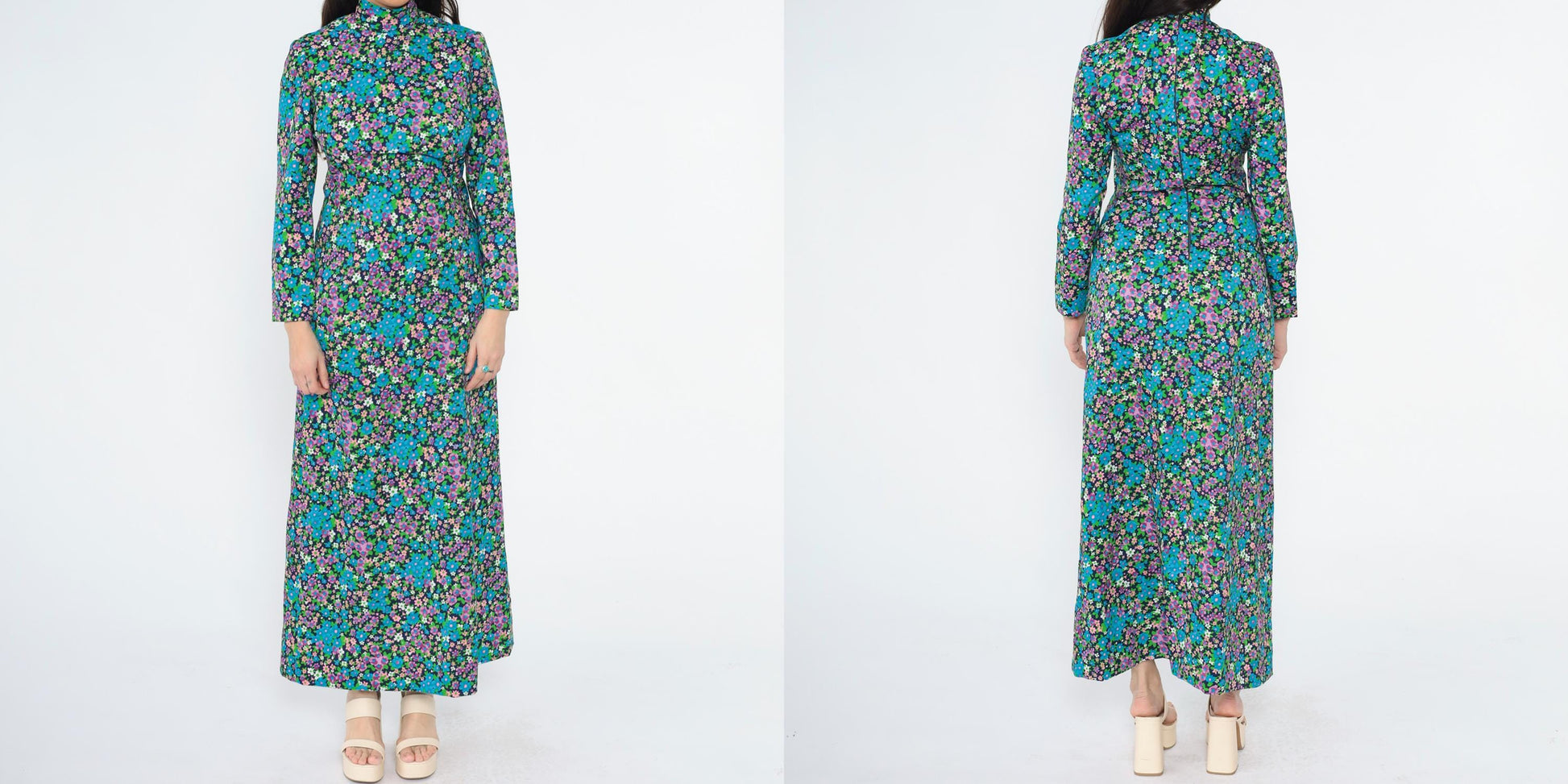 70s Blue Floral Maxi Dress Mock Neck Long Sleeve Princess Seams Small S