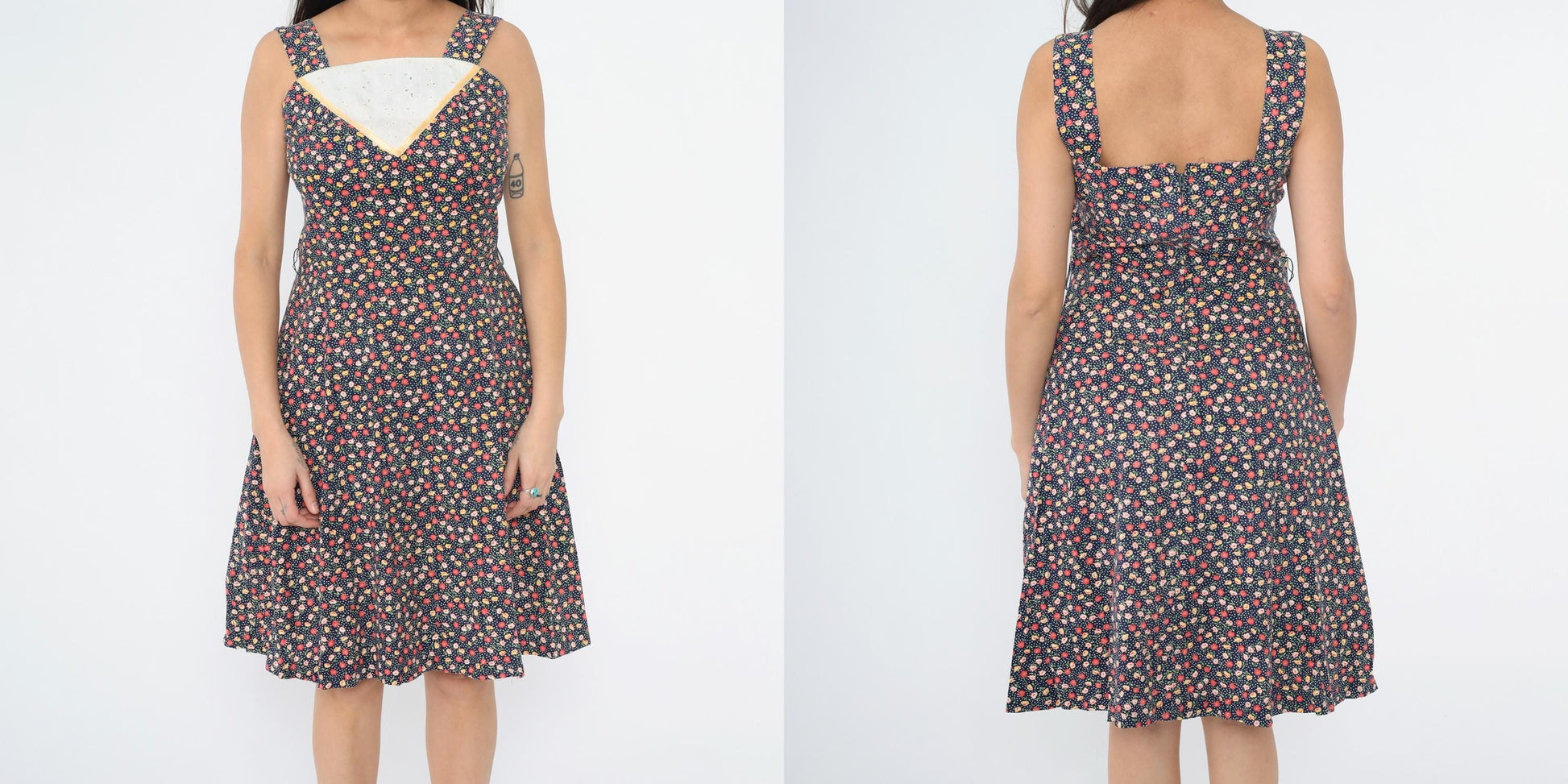 70s Navy Floral A-Line Dress Eyelet Lace Inset Sleeveless Knee Small