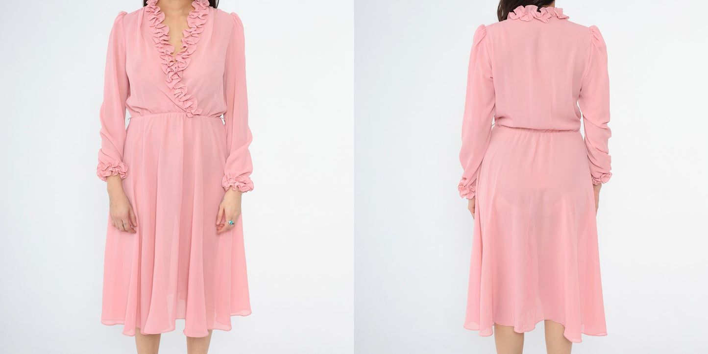 70s Ursula of Switzerland Pink Ruffle Midi Dress V-Neck Long Sleeve Medium M