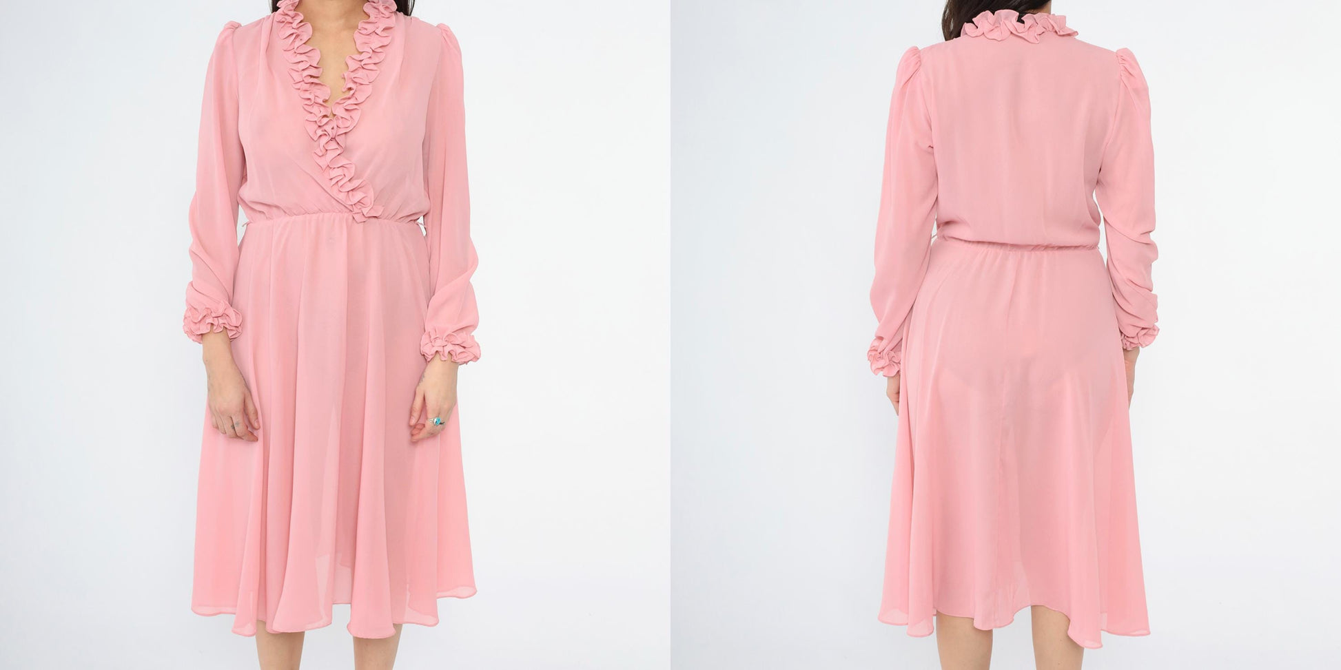 70s Ursula of Switzerland Pink Ruffle Midi Dress V-Neck Long Sleeve Medium M