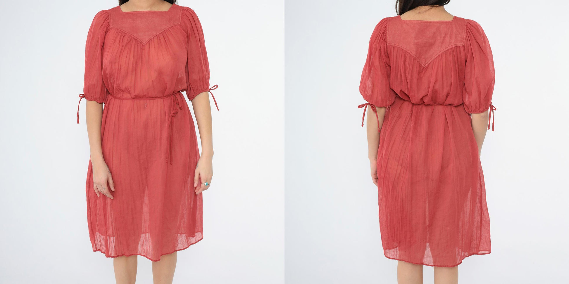70s Red Cotton Gauze Trapeze Dress Puff Sleeve Midi Small Medium