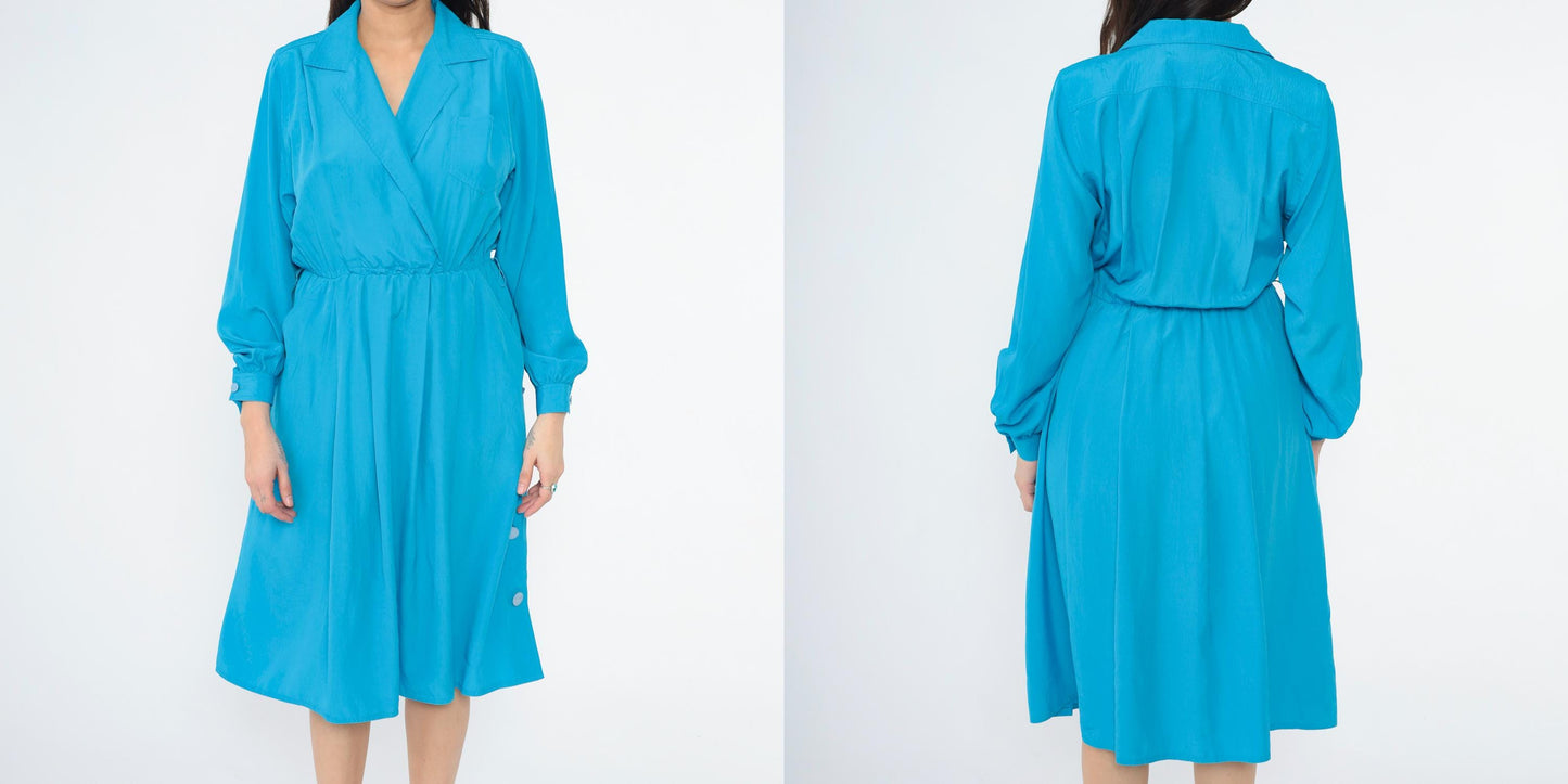 80s Leslie Fay Blue Midi Shirtdress Faux Wrap Collared Long Sleeve Medium