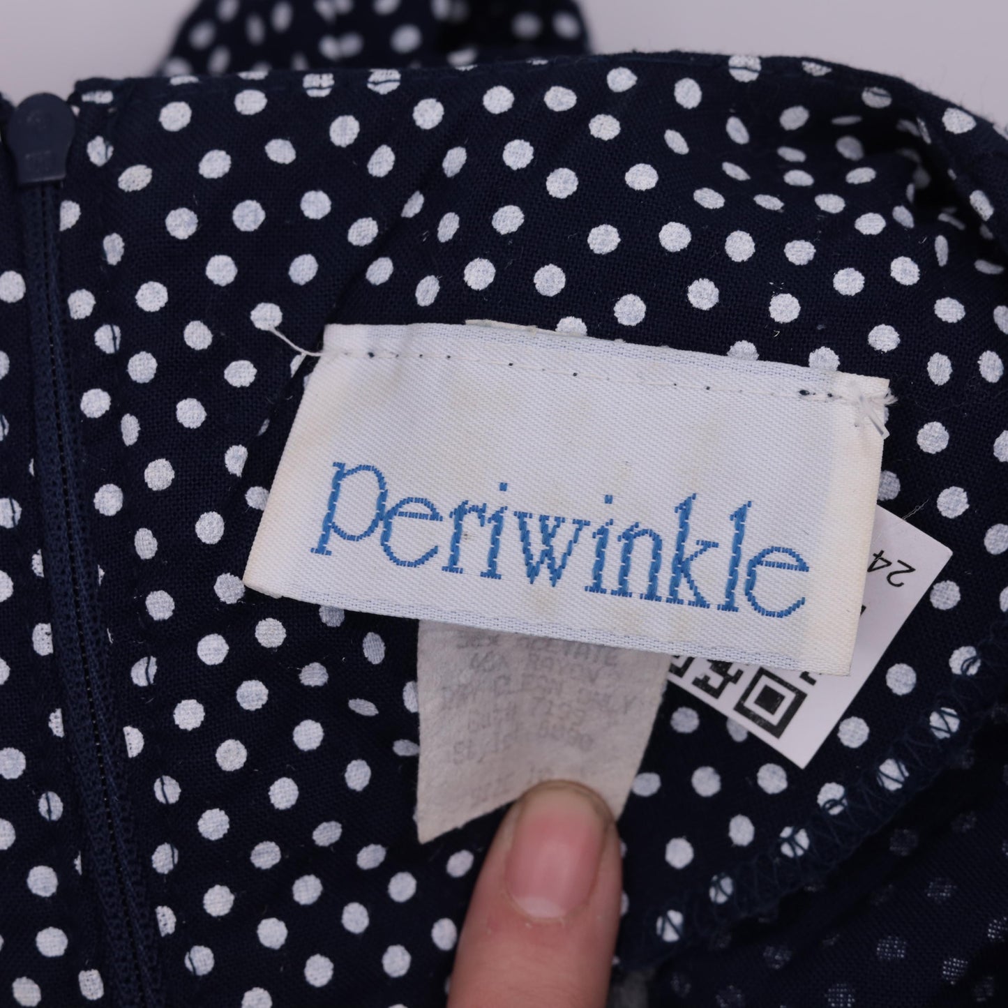 80s Navy Polka Dot Midi Dress Deep V Neck Puff Sleeve Pleated Small