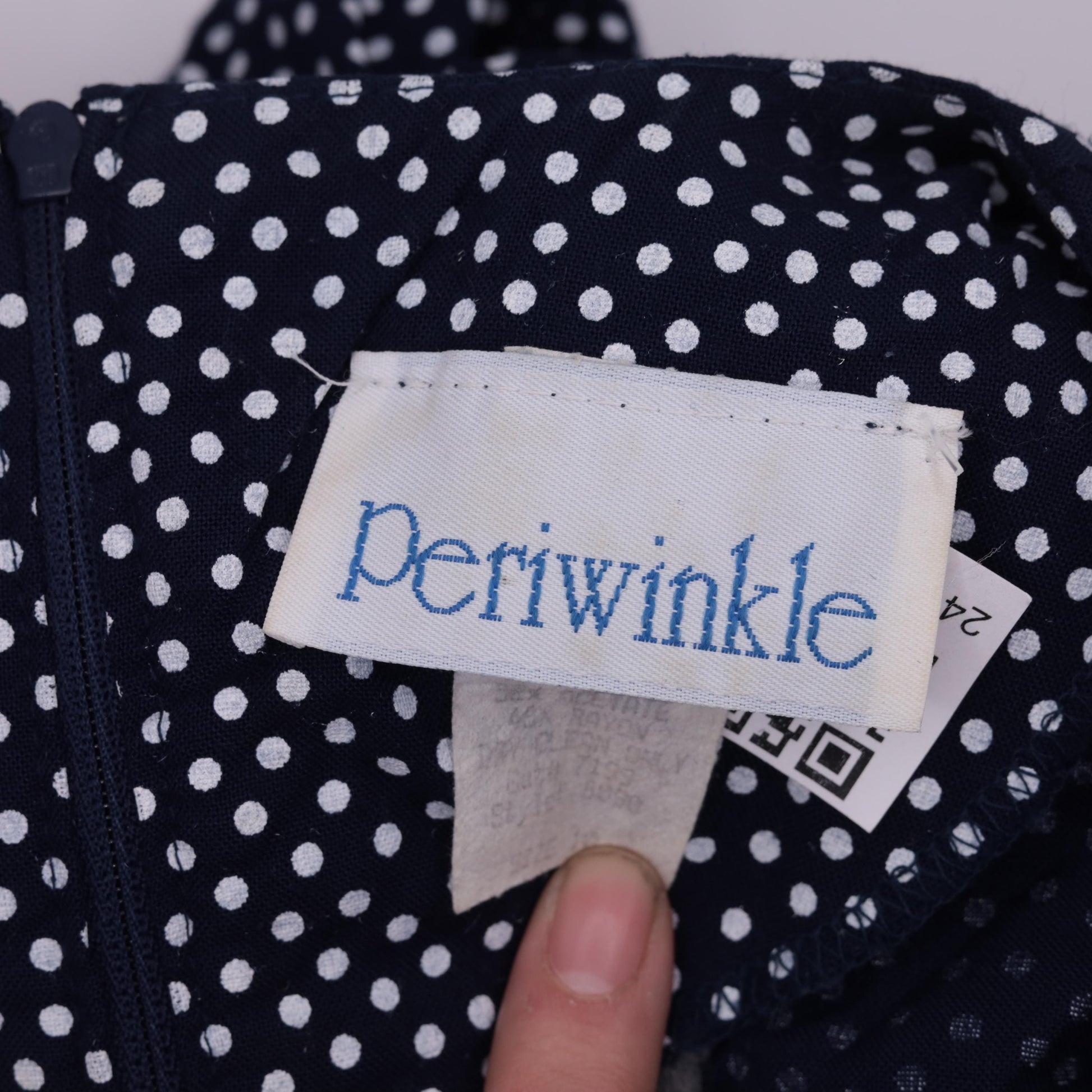 80s Navy Polka Dot Midi Dress Deep V Neck Puff Sleeve Pleated Small