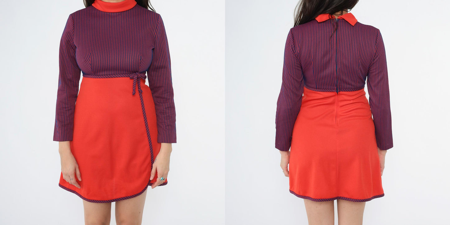 60s Mod Mini Dress Red Blue Striped Empire Waist Mock Neck Small