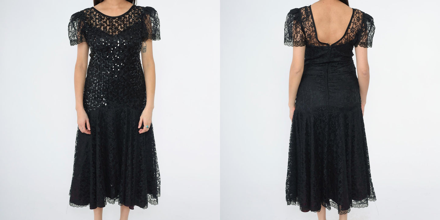 80s Night Moves Black Sequin Lace Midi Dress Puff Sleeve Mermaid Hem Small