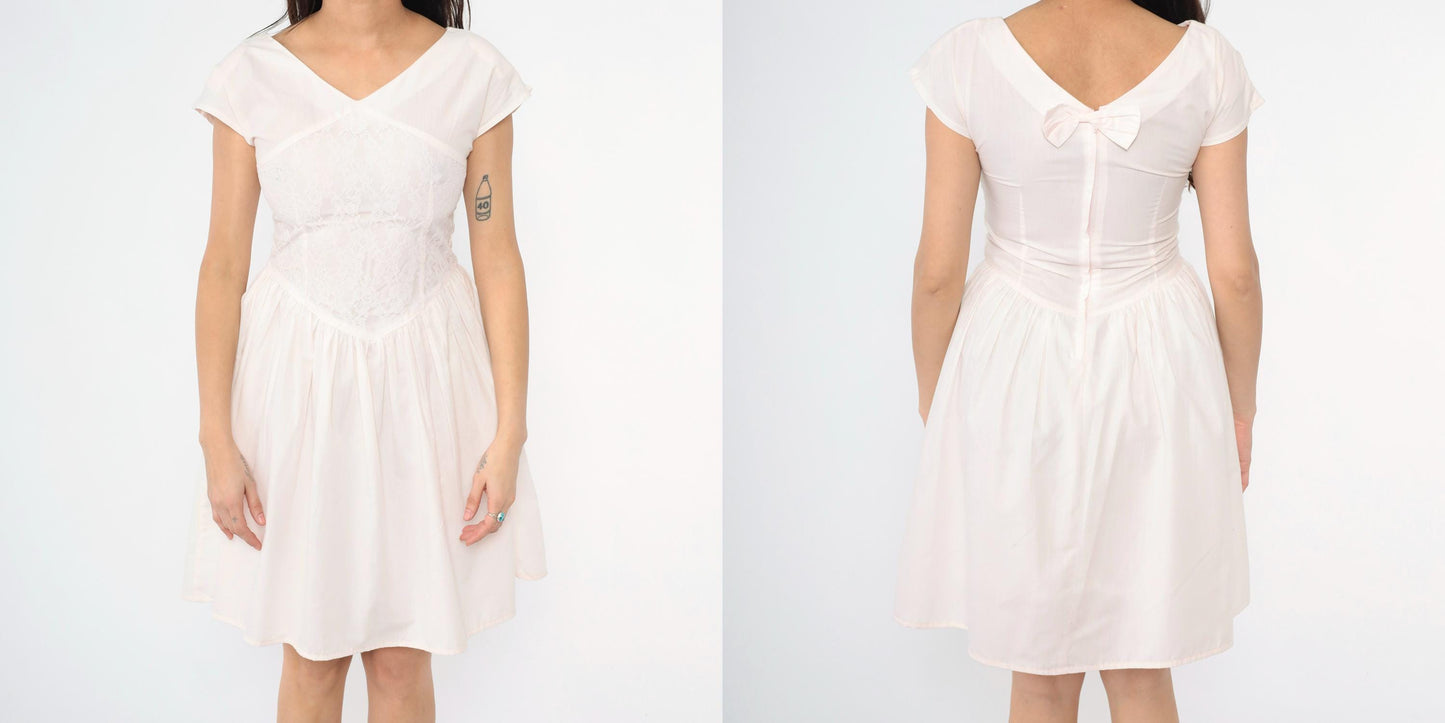 80s Pale Pink Lace Party Dress Cap Sleeve Basque Waist Mini Small S