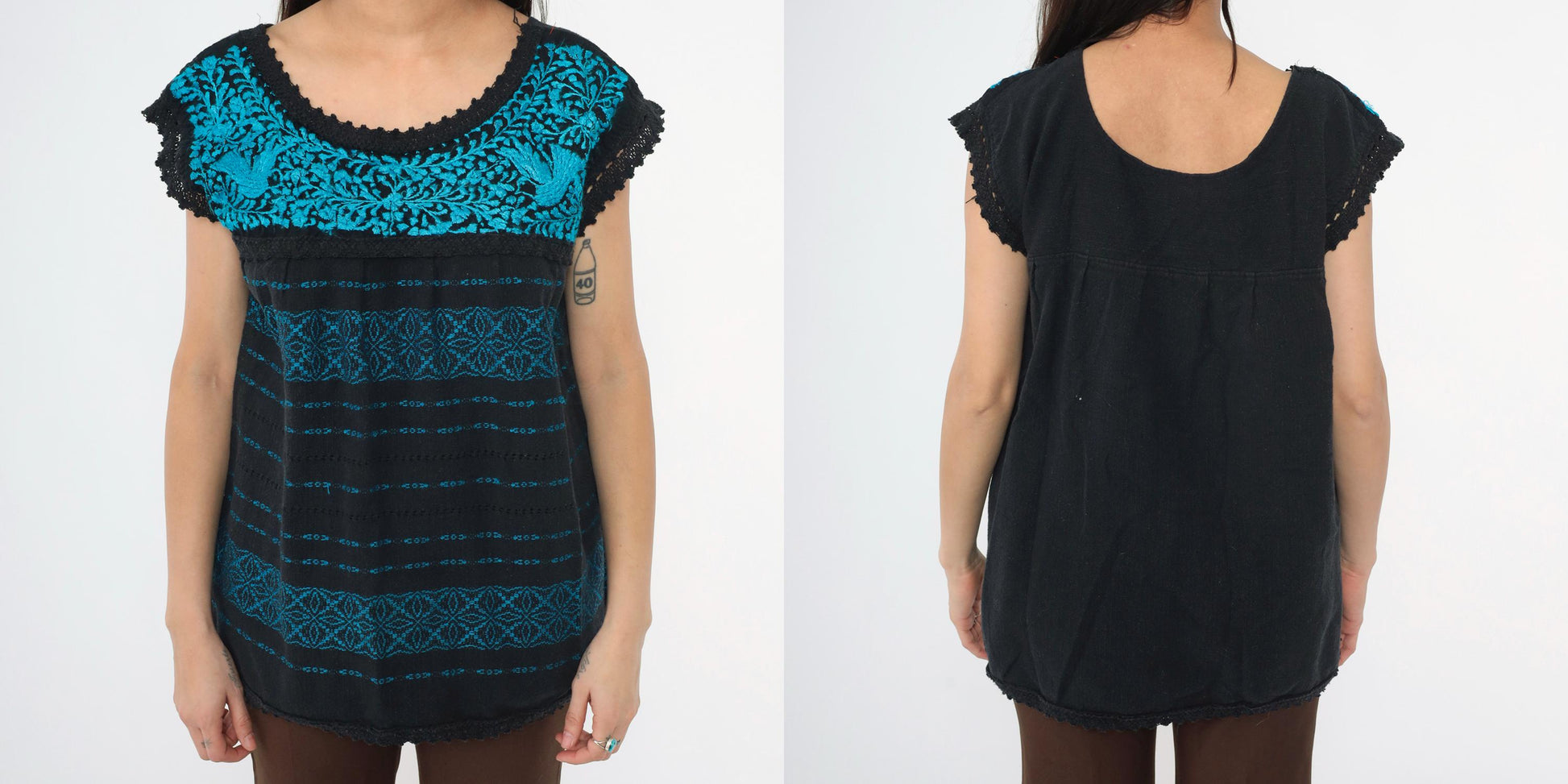 80s Mexican Embroidered Black Blouse Bird Floral Crochet Tunic Medium M