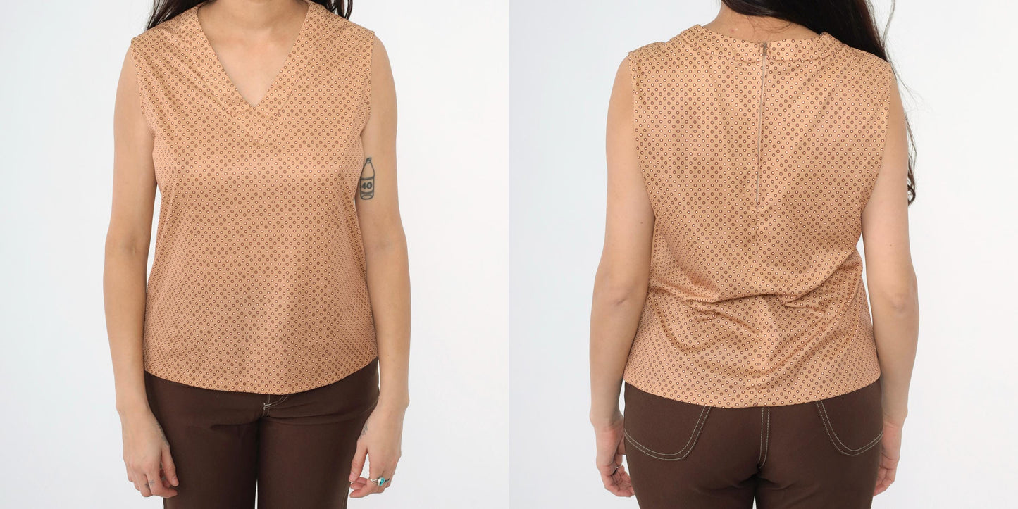 70s Tan Polka Dot Tank Top V Neck Sleeveless Blouse Red Dots Large