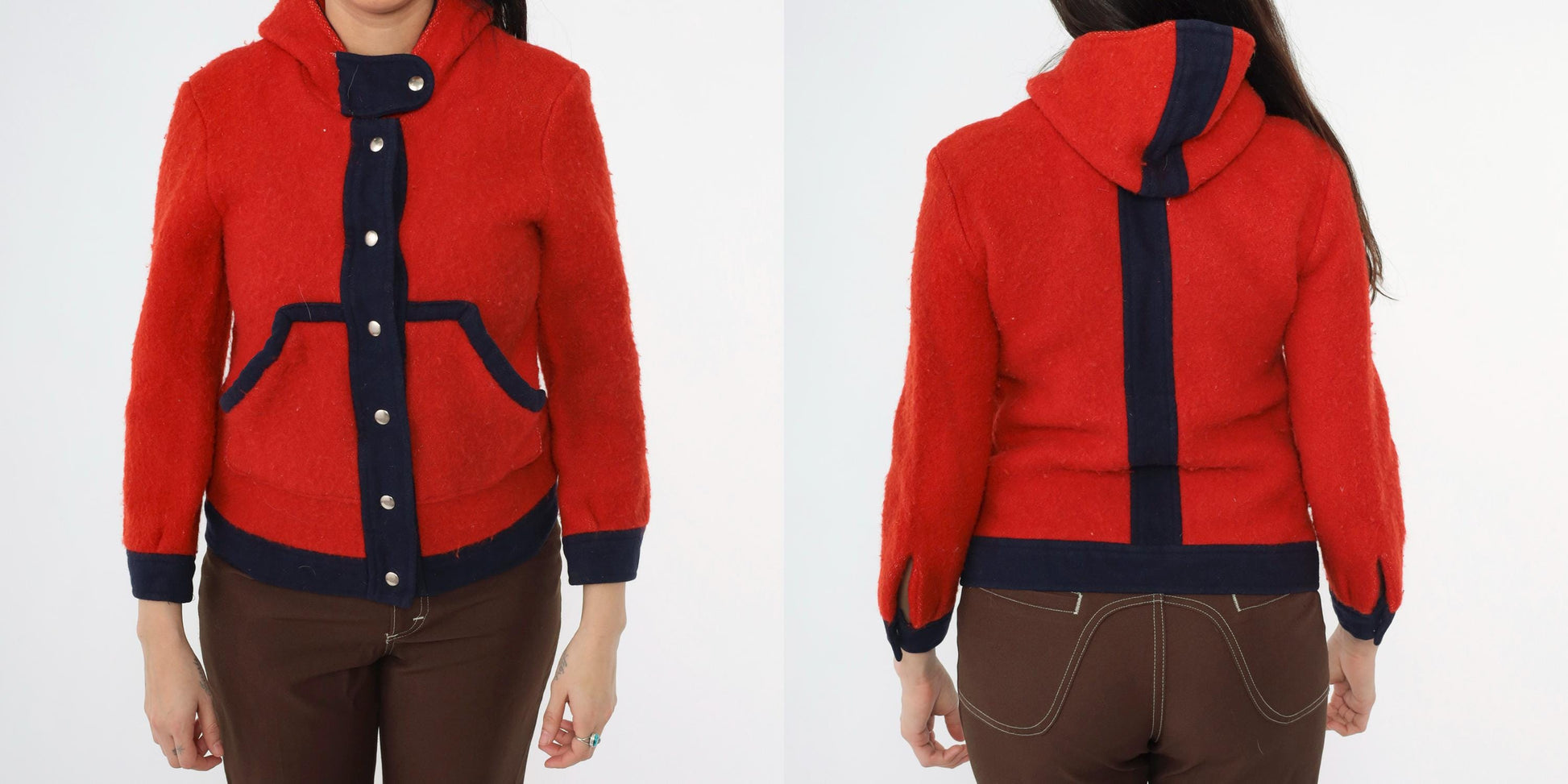 1970s Red Wool Hooded Jacket Navy Contrast Trim Snap Front Cropped Extra Small