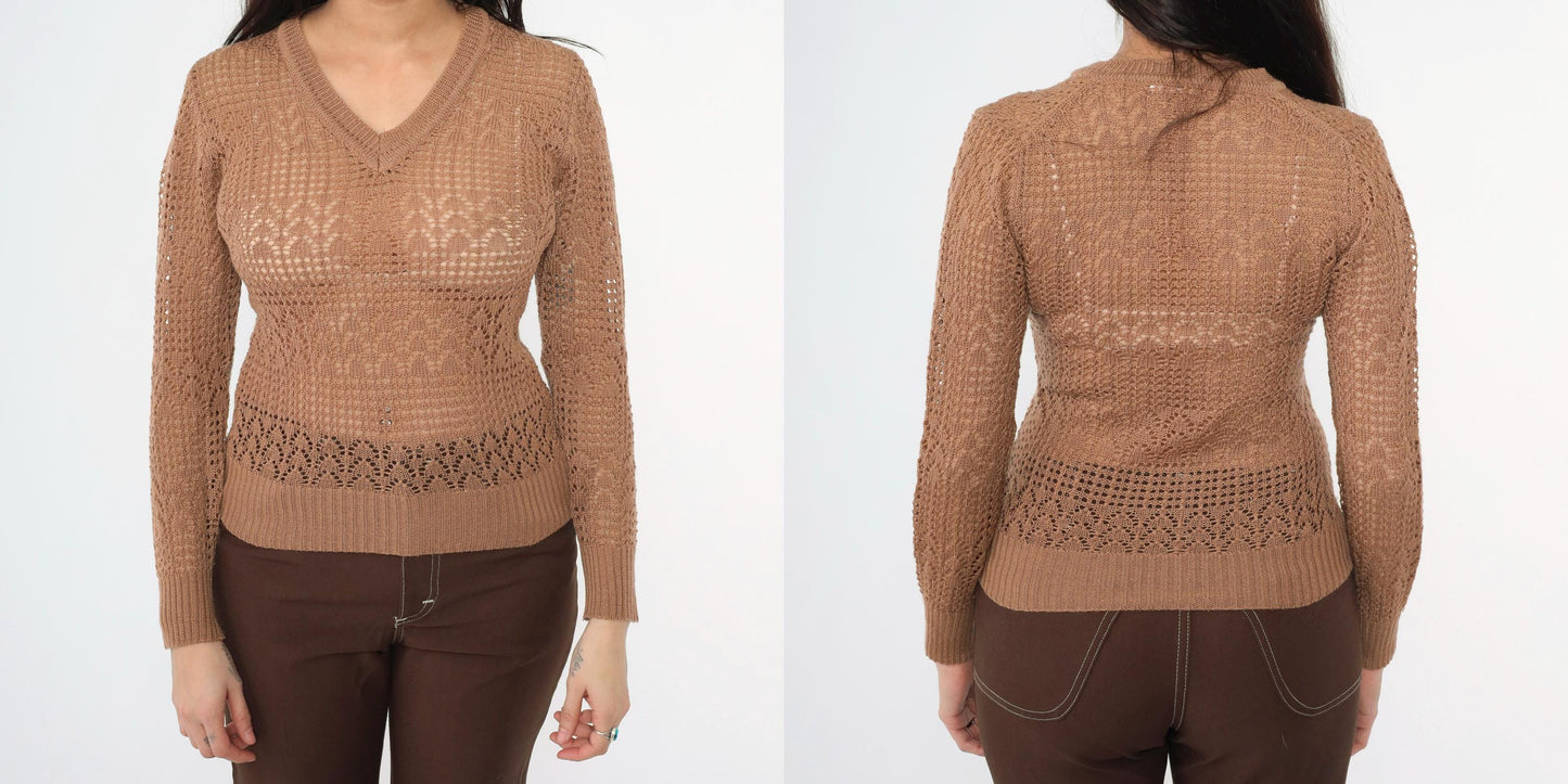 70s Empire Knitwear Sheer Brown Pointelle V-Neck Sweater Long Sleeve Extra Small