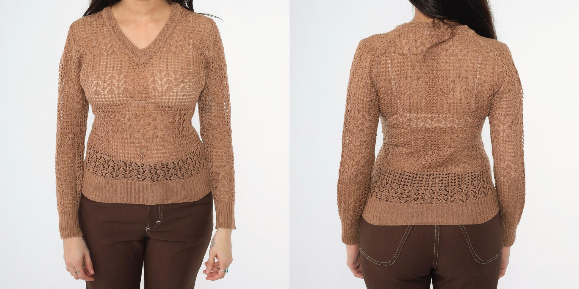 70s Empire Knitwear Sheer Brown Pointelle V-Neck Sweater Long Sleeve Extra Small