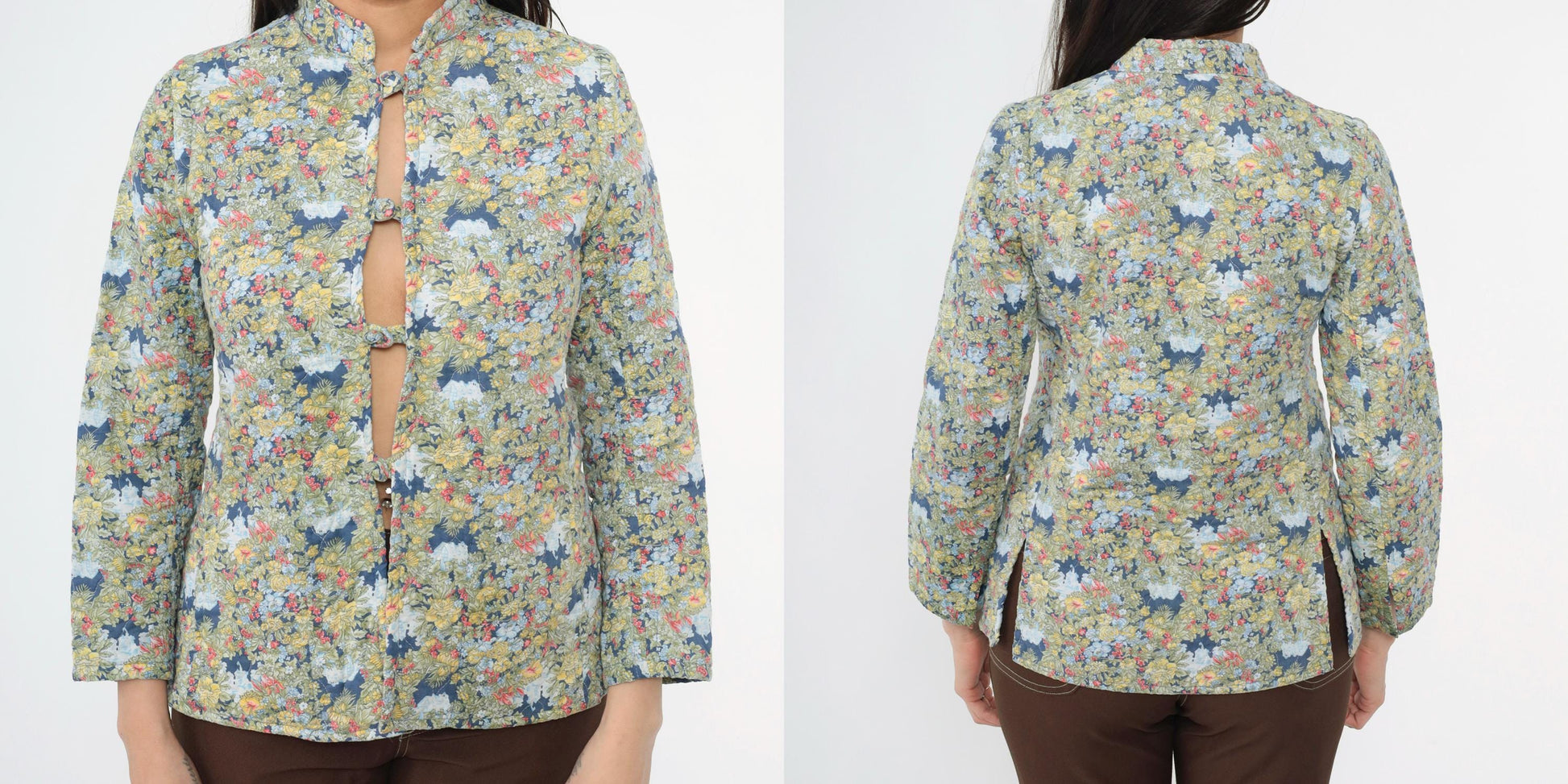 80s Quilted Floral Jacket Mandarin Collar Chinese Knot Buttons Small