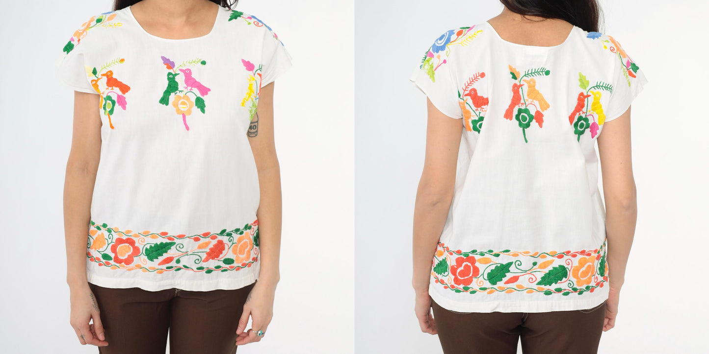 80s Mexican Embroidered Bird Blouse White Cotton Tunic Medium M