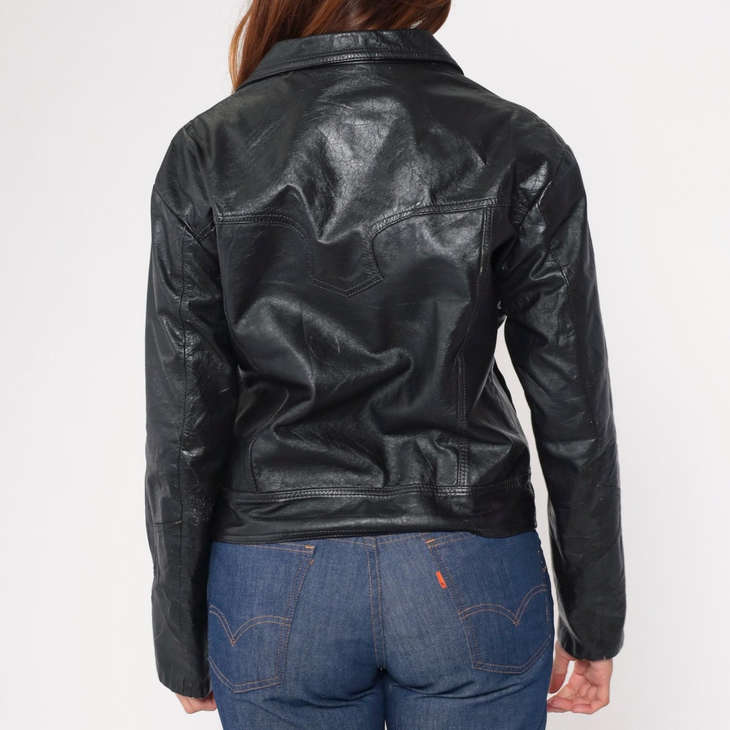 80s Black Leather Motorcycle Jacket Western Yoke Button Front Medium