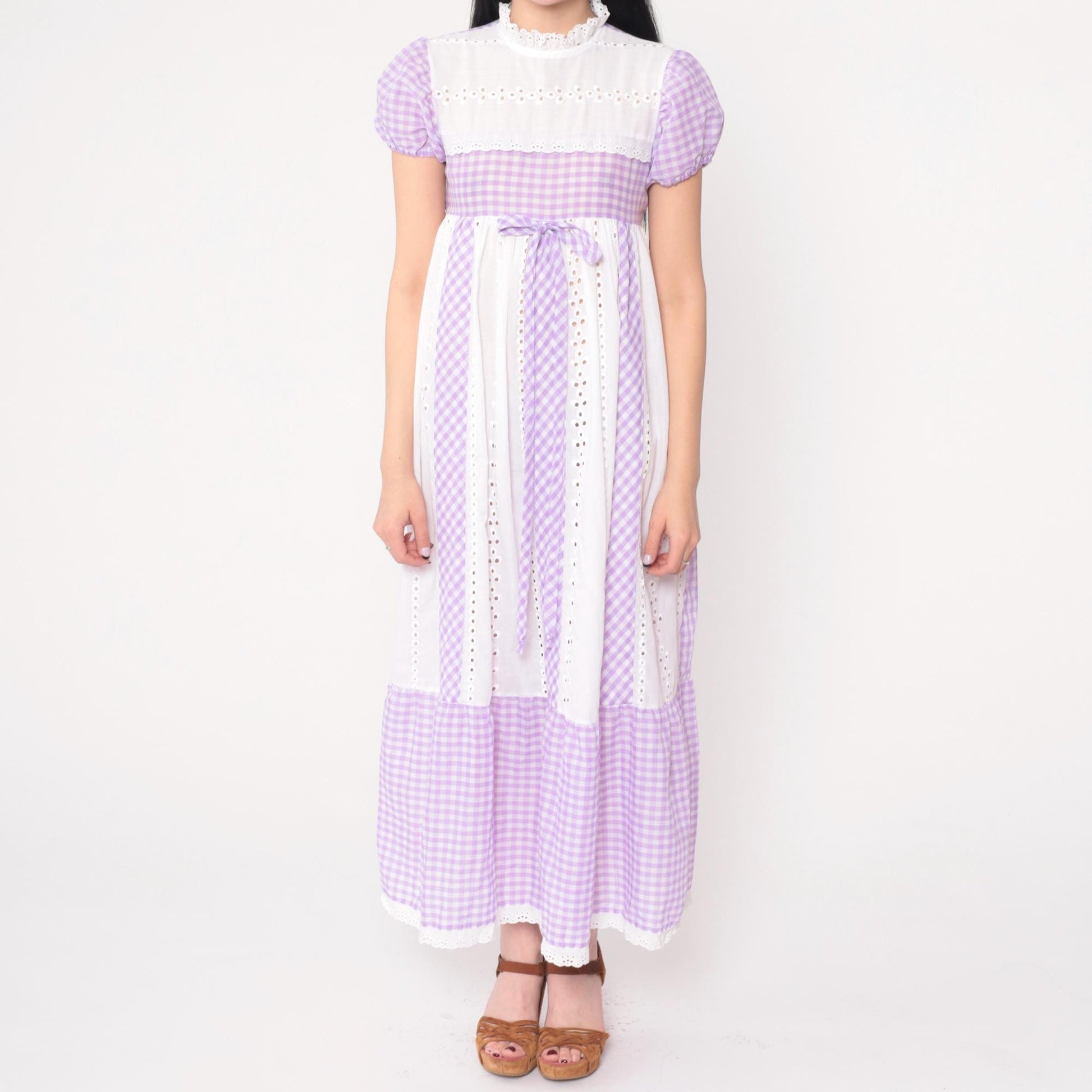 70s Youngland Gingham Maxi Dress Lavender Eyelet Empire Waist Puff Sleeve Extra Small