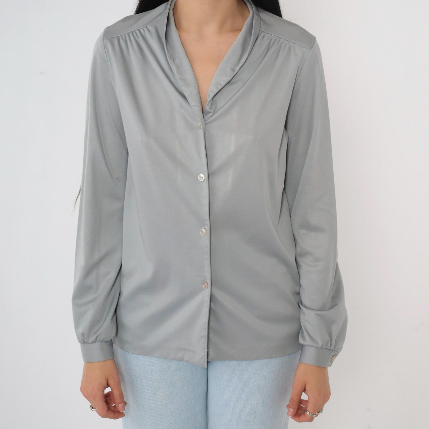 80s Grey Button-Up Blouse Long Sleeve Collared Shirt Medium M