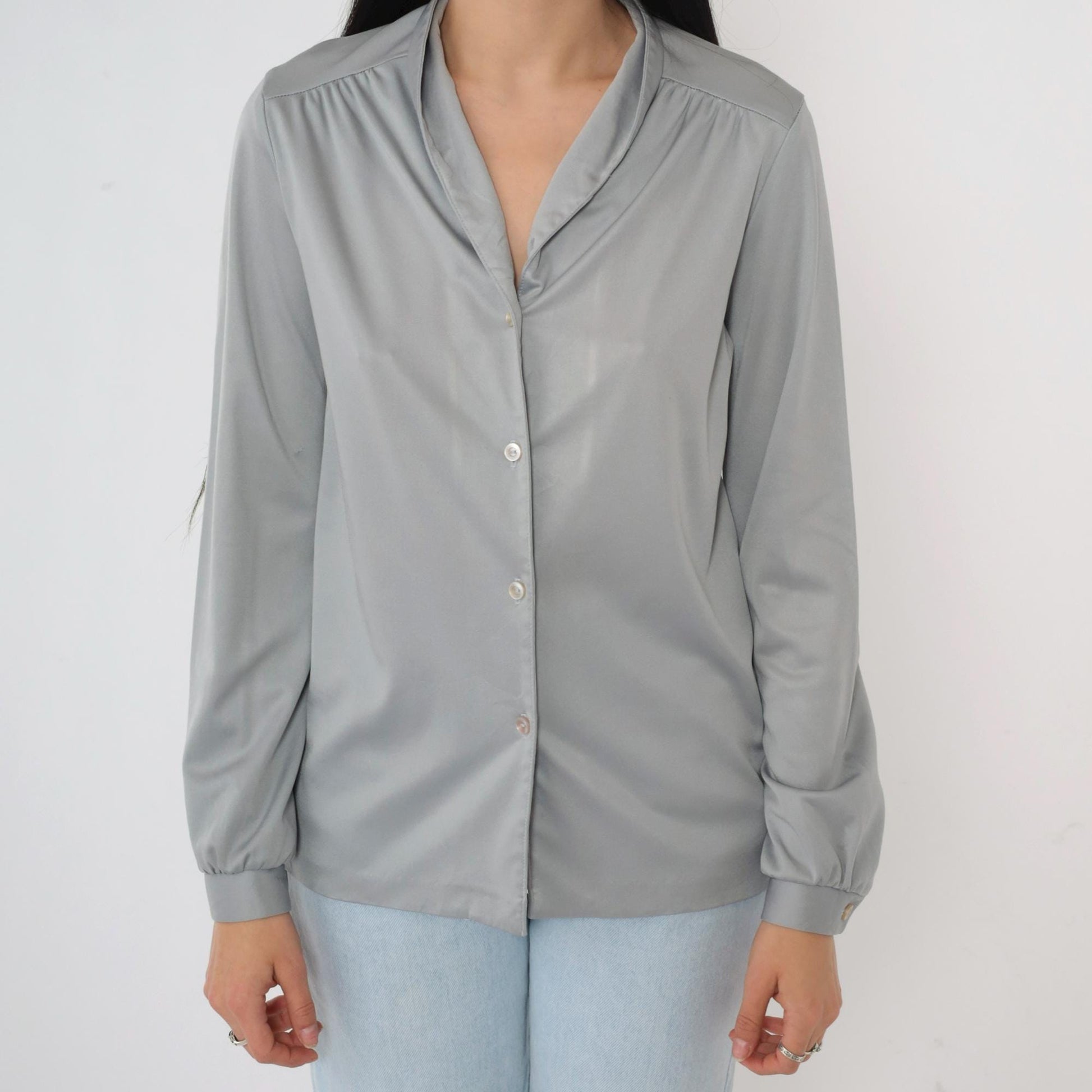 80s Grey Button-Up Blouse Long Sleeve Collared Shirt Medium M